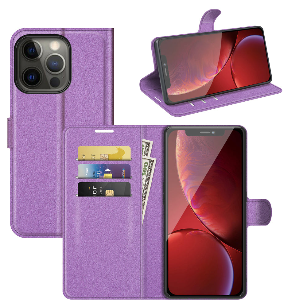 Litchi Texture Wallet Stand Design Folio Flip PU Leather Case Phone Cover for iPhone 13 Pro Max 6.7 inch