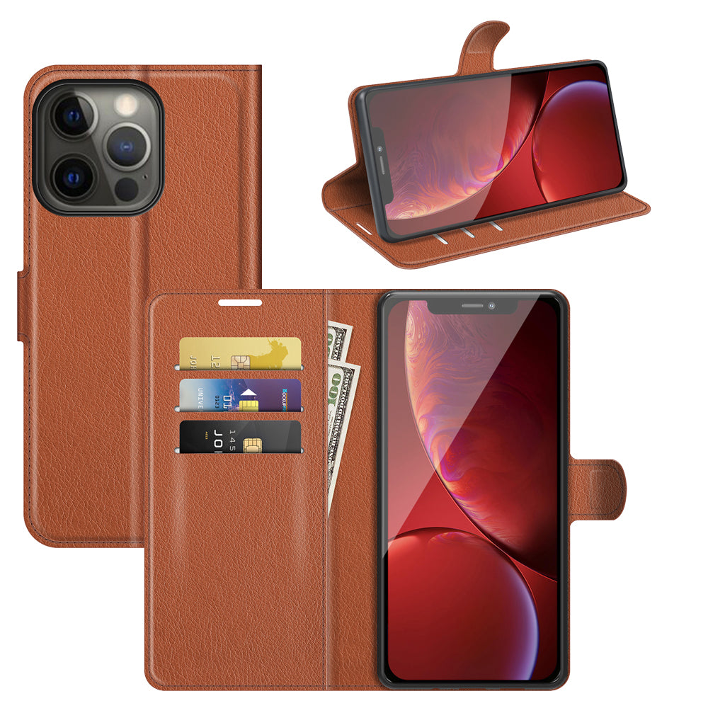 Litchi Texture Wallet Stand Design Folio Flip PU Leather Case Phone Cover for iPhone 13 Pro Max 6.7 inch