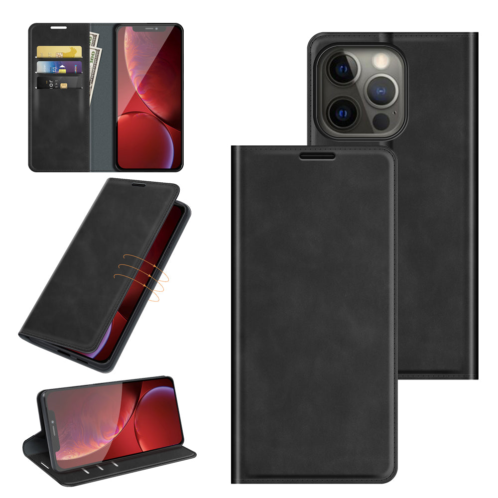 Wallet Design Skin-touch Feel Leather Cover Auto-absorbed Protective Case with Stand for iPhone 13 Pro 6.1 inch