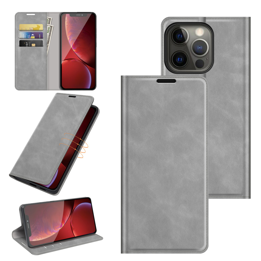 Wallet Design Skin-touch Feel Leather Cover Auto-absorbed Protective Case with Stand for iPhone 13 Pro 6.1 inch