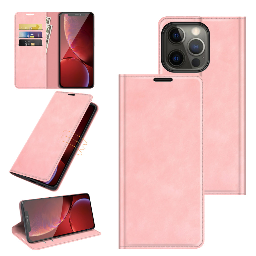 Wallet Design Skin-touch Feel Leather Cover Auto-absorbed Protective Case with Stand for iPhone 13 Pro 6.1 inch