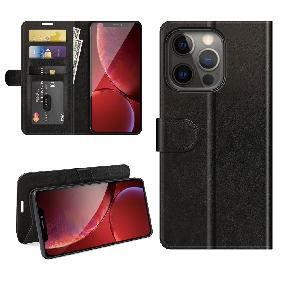 Folio Flip Crazy Horse Texture PU Leather Wallet Cover Stand Case Shell for iPhone 13 Pro 6.1 inch