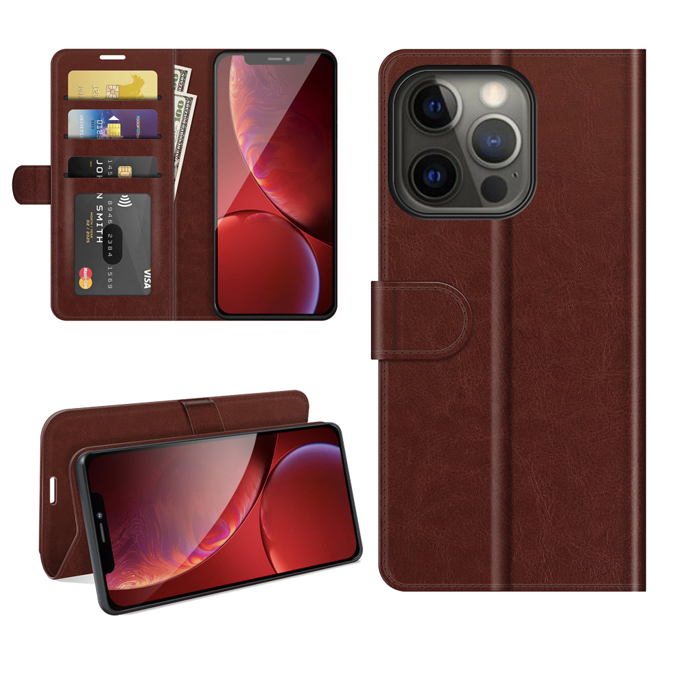 Folio Flip Crazy Horse Texture PU Leather Wallet Cover Stand Case Shell for iPhone 13 Pro 6.1 inch