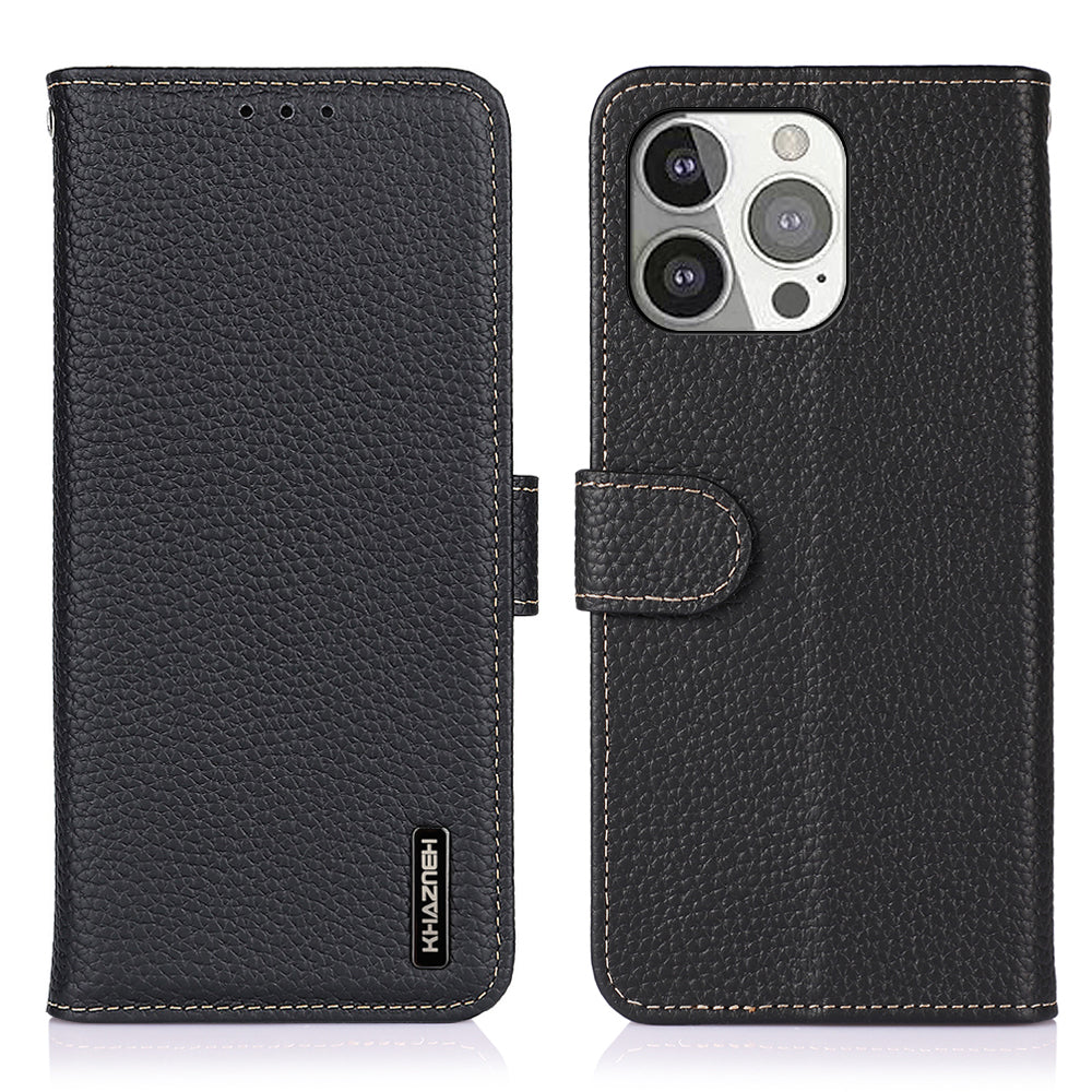 KHAZNEH Litchi Texture Top Layer Genuine Leather Wallet Phone Stand Case Shell for iPhone 13 Pro 6.1 inch