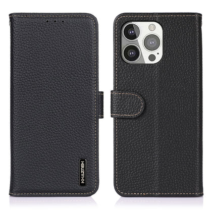 KHAZNEH Litchi Texture Top Layer Genuine Leather Wallet Phone Stand Case Shell for iPhone 13 Pro 6.1 inch