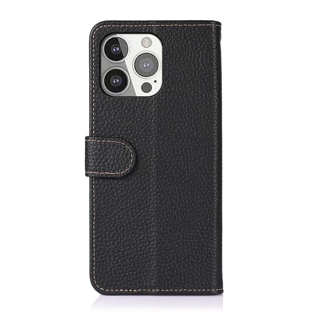 KHAZNEH Litchi Texture Top Layer Genuine Leather Wallet Phone Stand Case Shell for iPhone 13 Pro 6.1 inch
