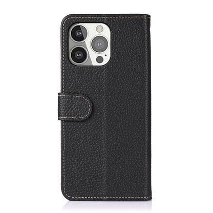 KHAZNEH Litchi Texture Top Layer Genuine Leather Wallet Phone Stand Case Shell for iPhone 13 Pro 6.1 inch