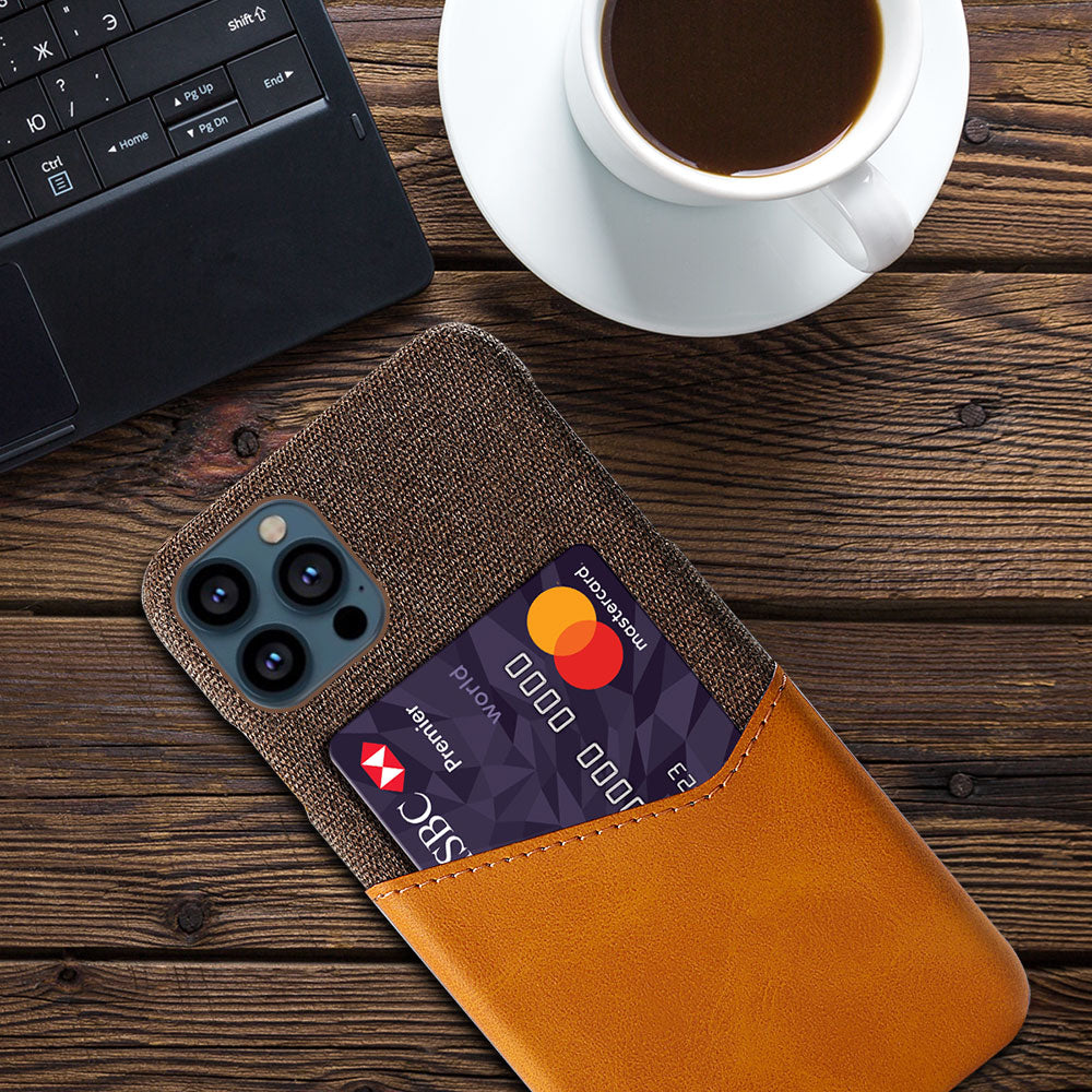 KSQ Card Holder Cloth + PU Leather Coated PC Phone Case for iPhone 13 Pro 6.1 inch
