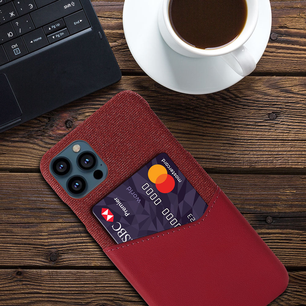 KSQ Card Holder Cloth + PU Leather Coated PC Phone Case for iPhone 13 Pro 6.1 inch