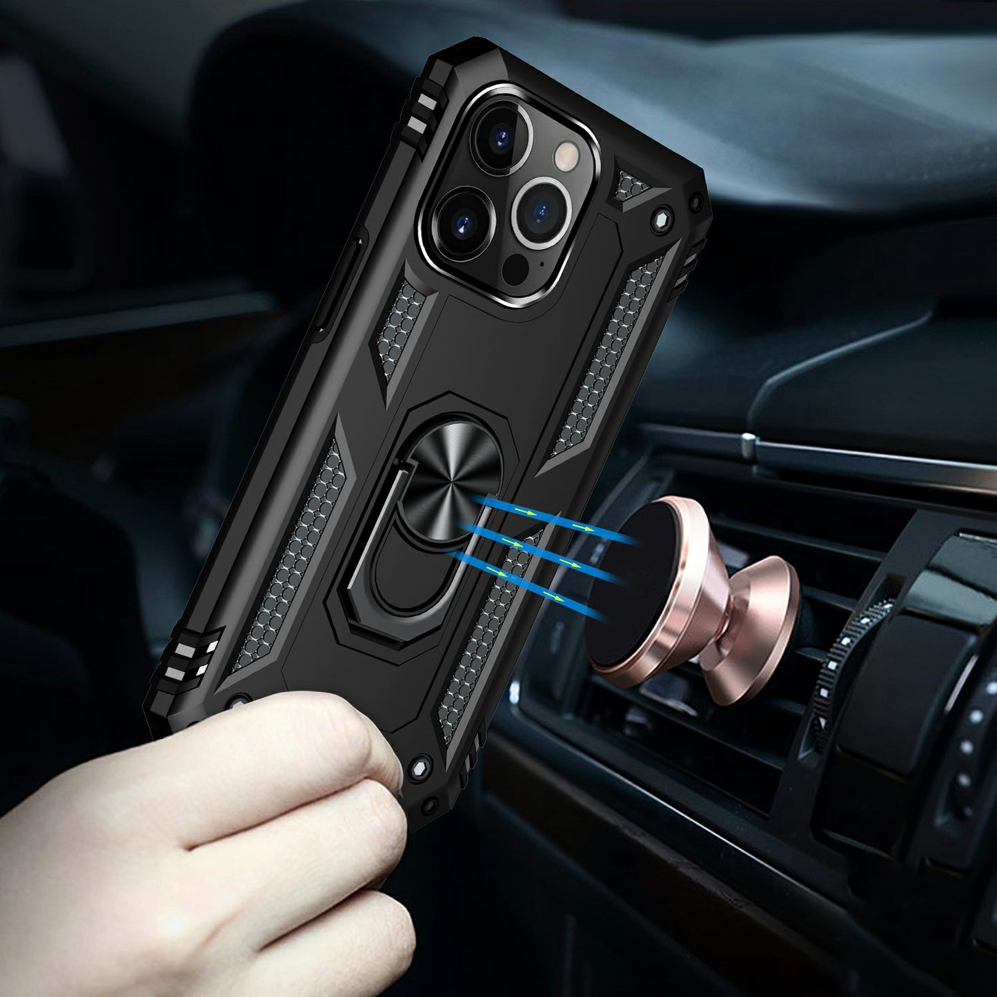 Military Grade PC TPU Shockproof Protection Case for iPhone 13 Pro Max 6.7 inch with Car Mount Rotary Ring Kickstand