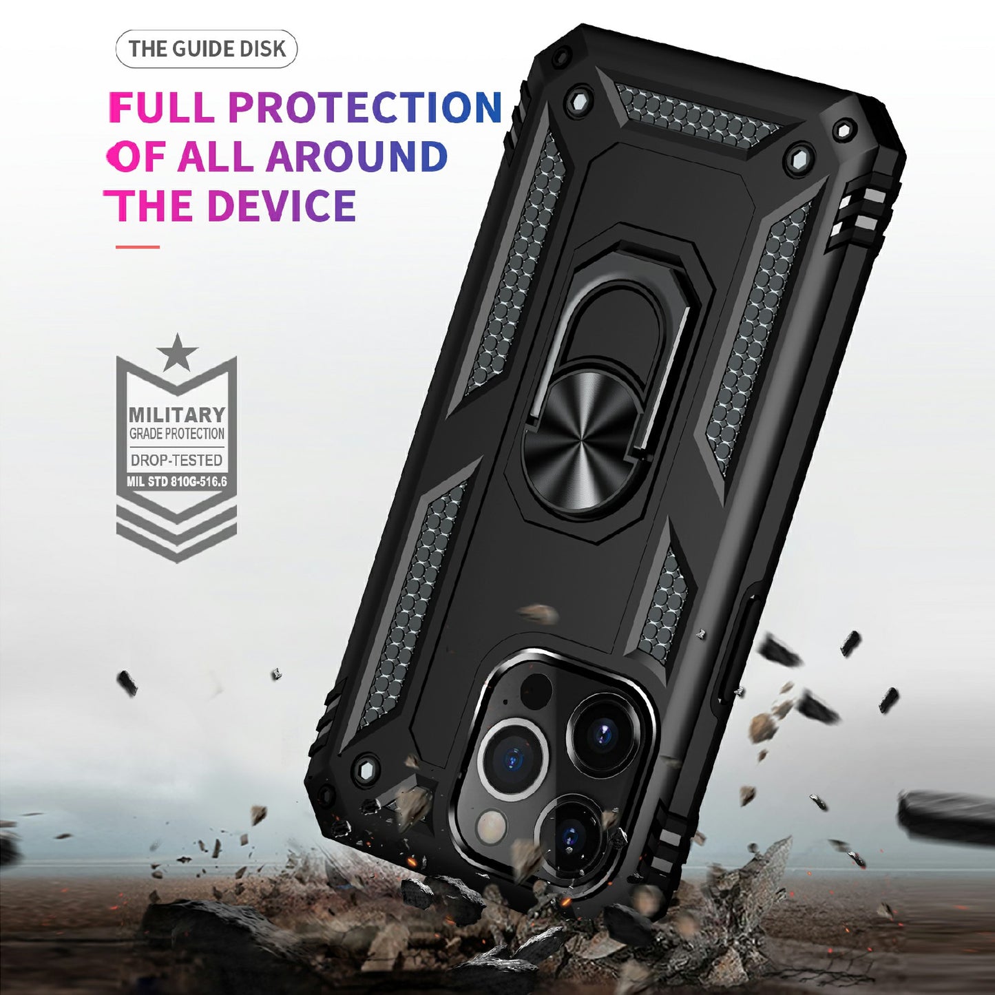 Military Grade PC TPU Shockproof Protection Case for iPhone 13 Pro Max 6.7 inch with Car Mount Rotary Ring Kickstand