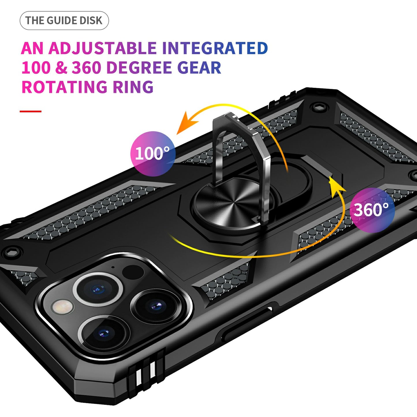 Military Grade PC TPU Shockproof Protection Case for iPhone 13 Pro Max 6.7 inch with Car Mount Rotary Ring Kickstand