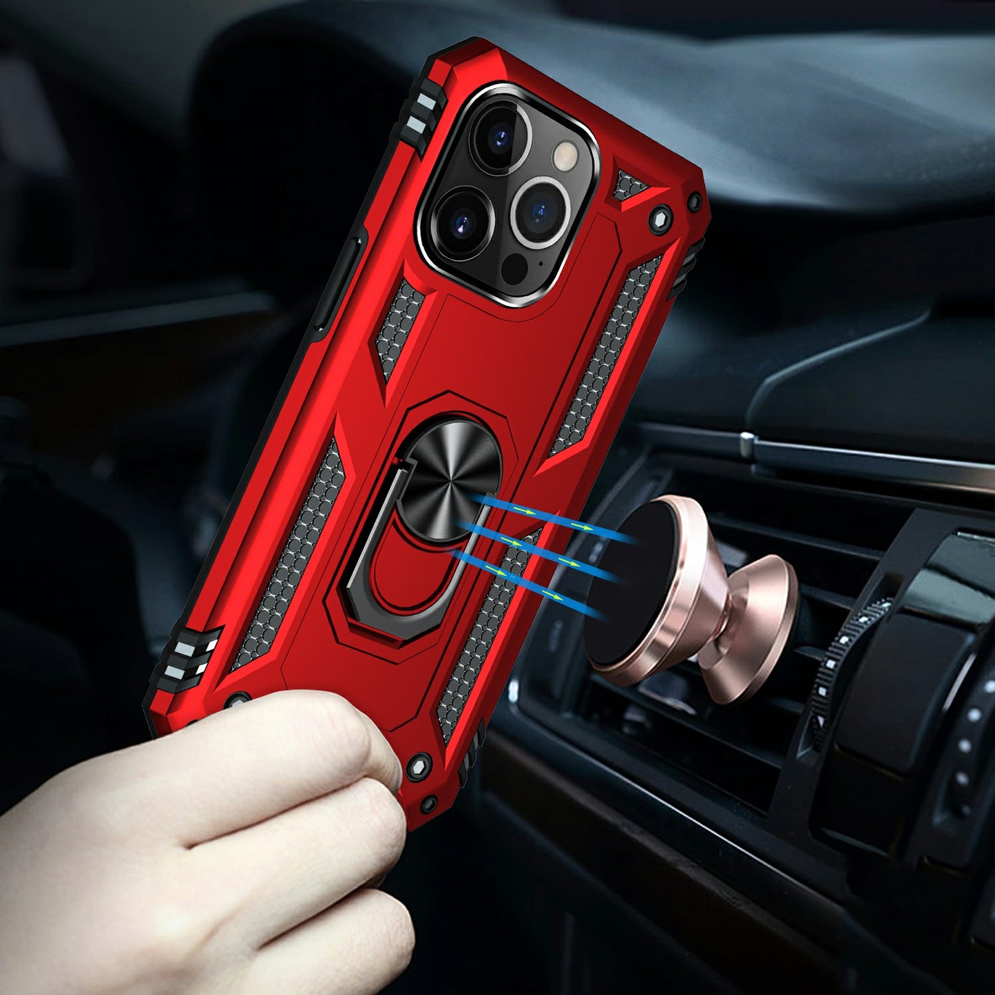 Military Grade PC TPU Shockproof Protection Case for iPhone 13 Pro Max 6.7 inch with Car Mount Rotary Ring Kickstand