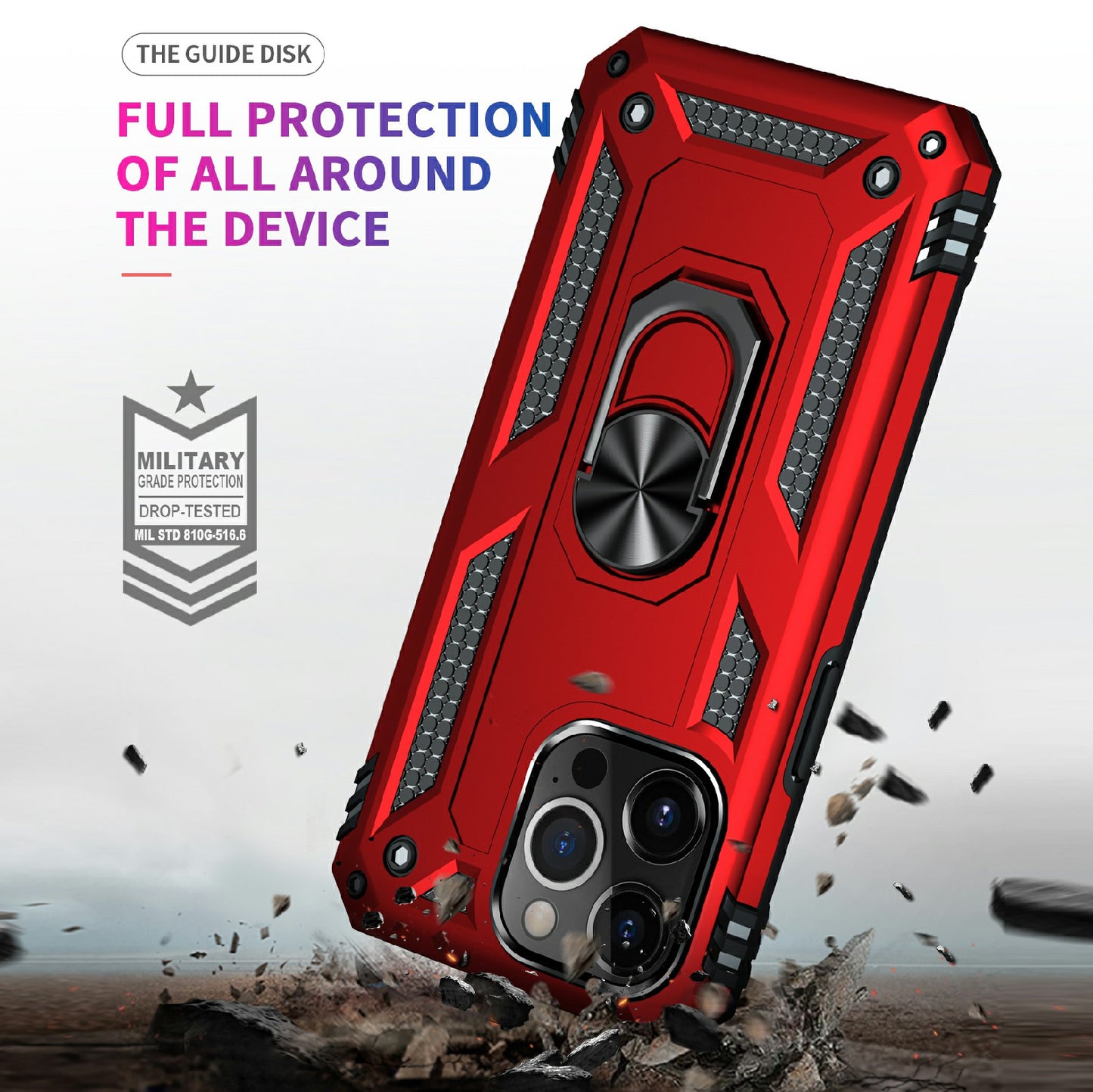 Military Grade PC TPU Shockproof Protection Case for iPhone 13 Pro Max 6.7 inch with Car Mount Rotary Ring Kickstand