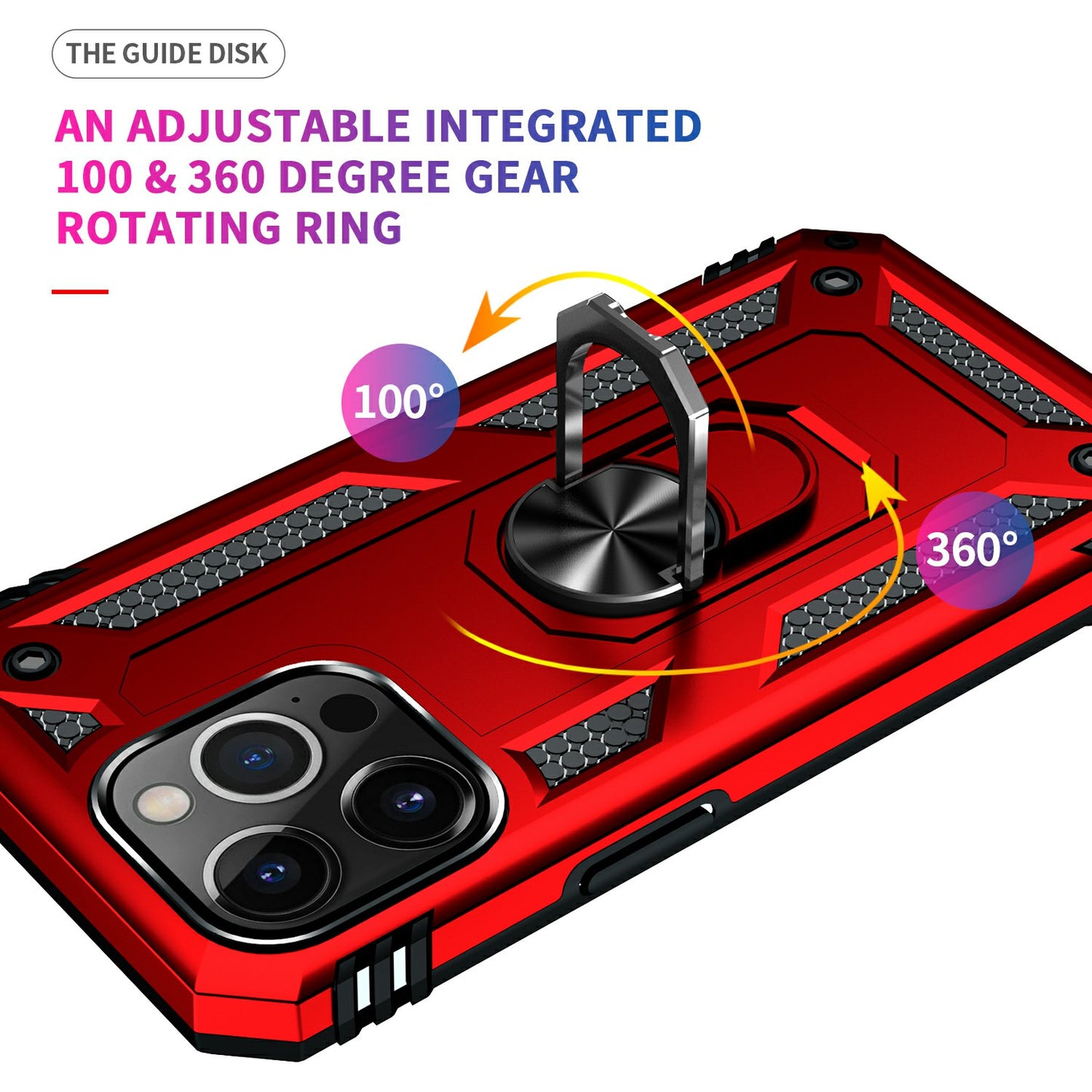 Military Grade PC TPU Shockproof Protection Case for iPhone 13 Pro Max 6.7 inch with Car Mount Rotary Ring Kickstand