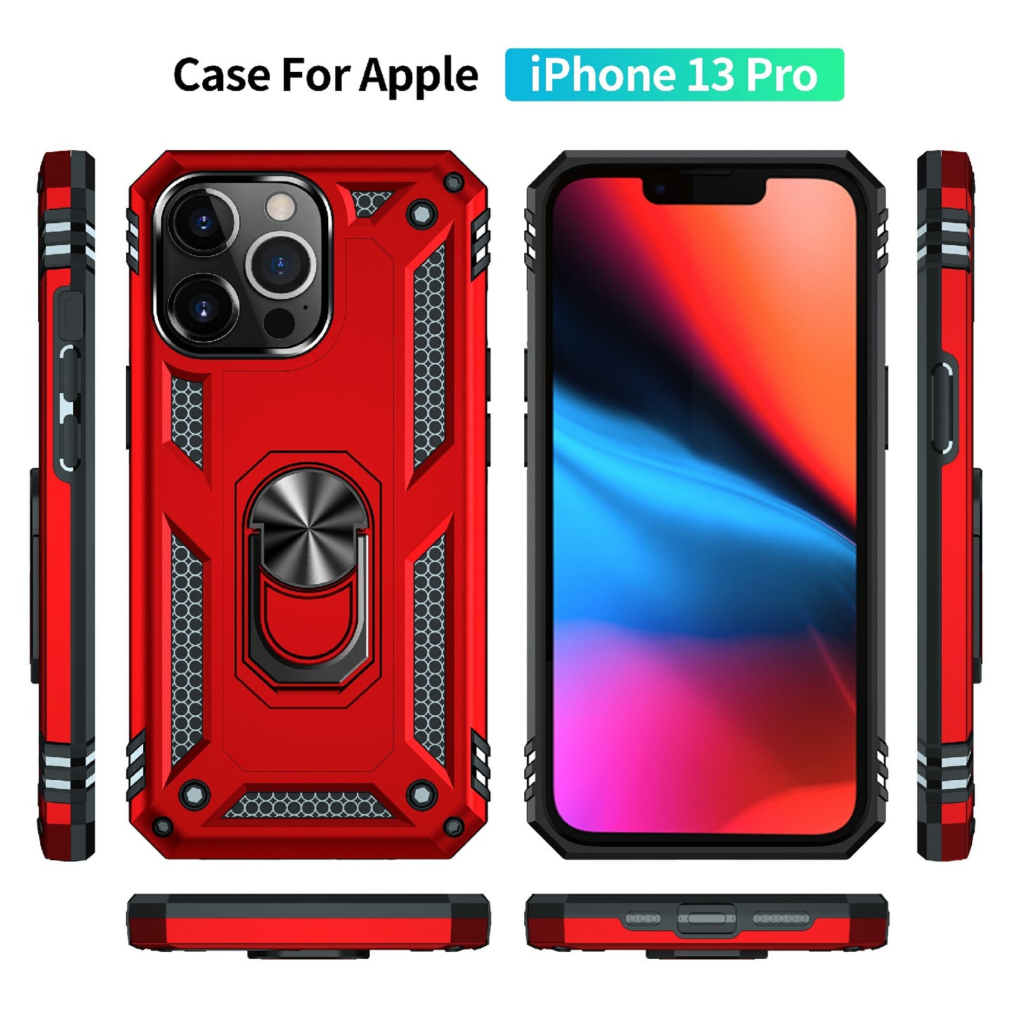 Military Grade PC TPU Shockproof Protection Case for iPhone 13 Pro Max 6.7 inch with Car Mount Rotary Ring Kickstand