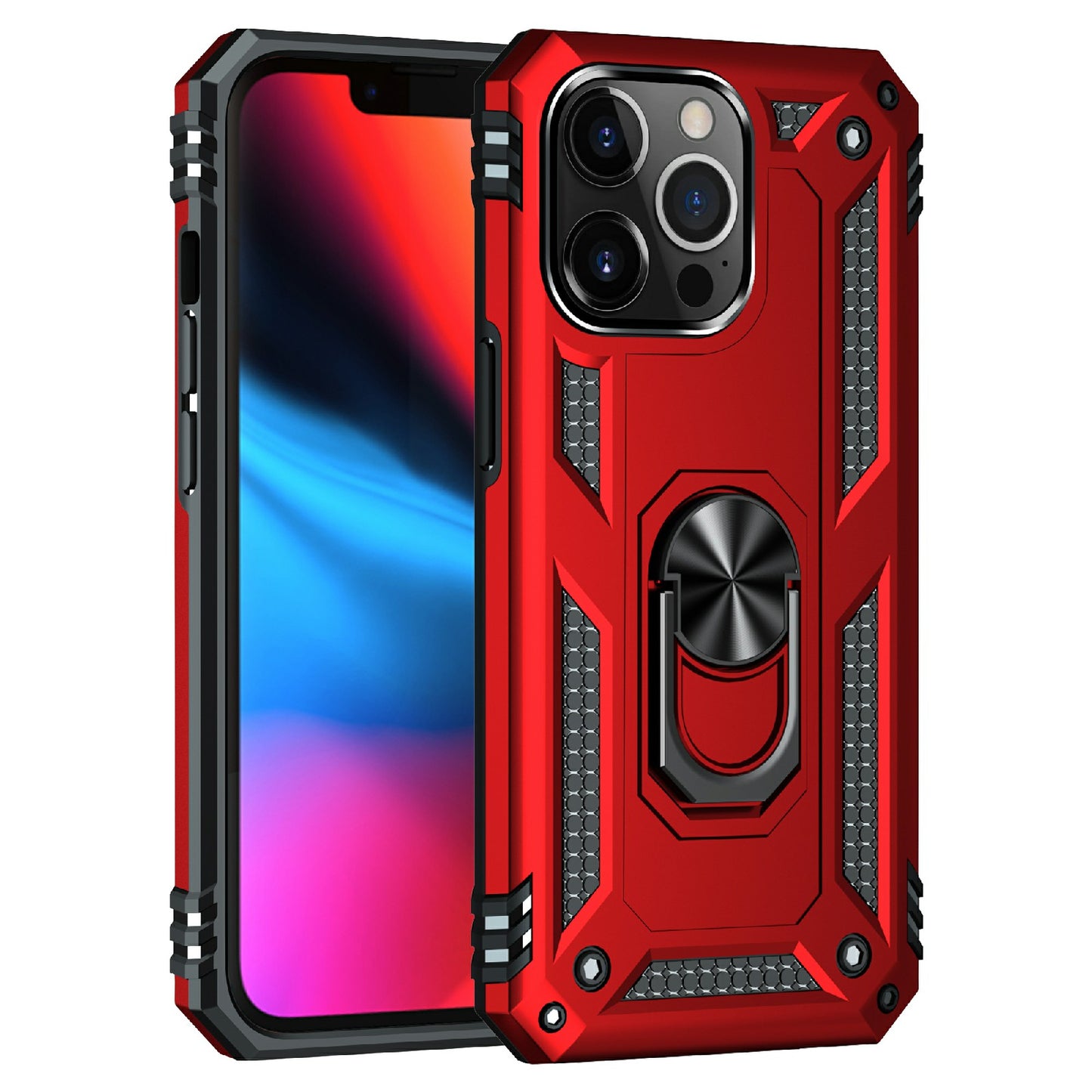 Military Grade PC TPU Shockproof Protection Case for iPhone 13 Pro Max 6.7 inch with Car Mount Rotary Ring Kickstand