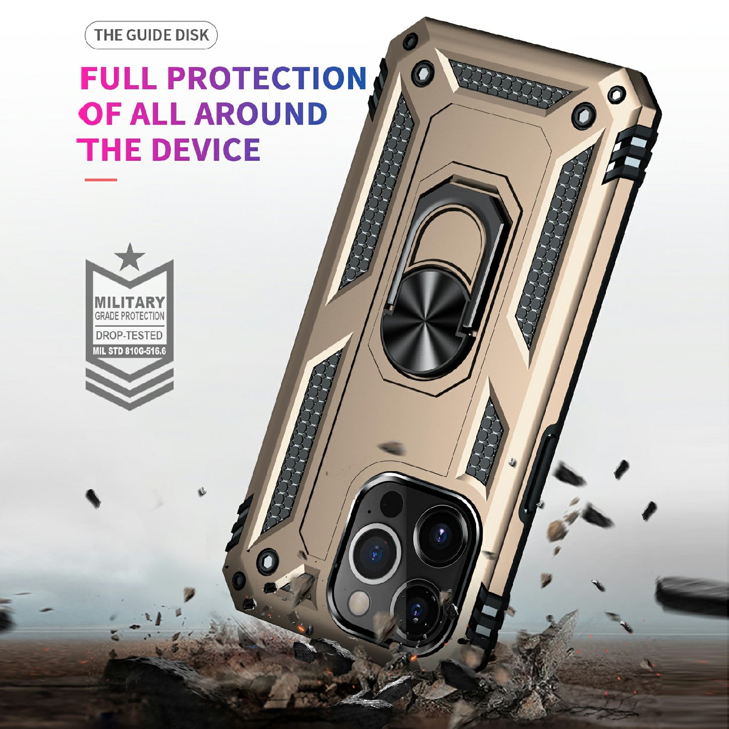 Military Grade PC TPU Shockproof Protection Case for iPhone 13 Pro Max 6.7 inch with Car Mount Rotary Ring Kickstand