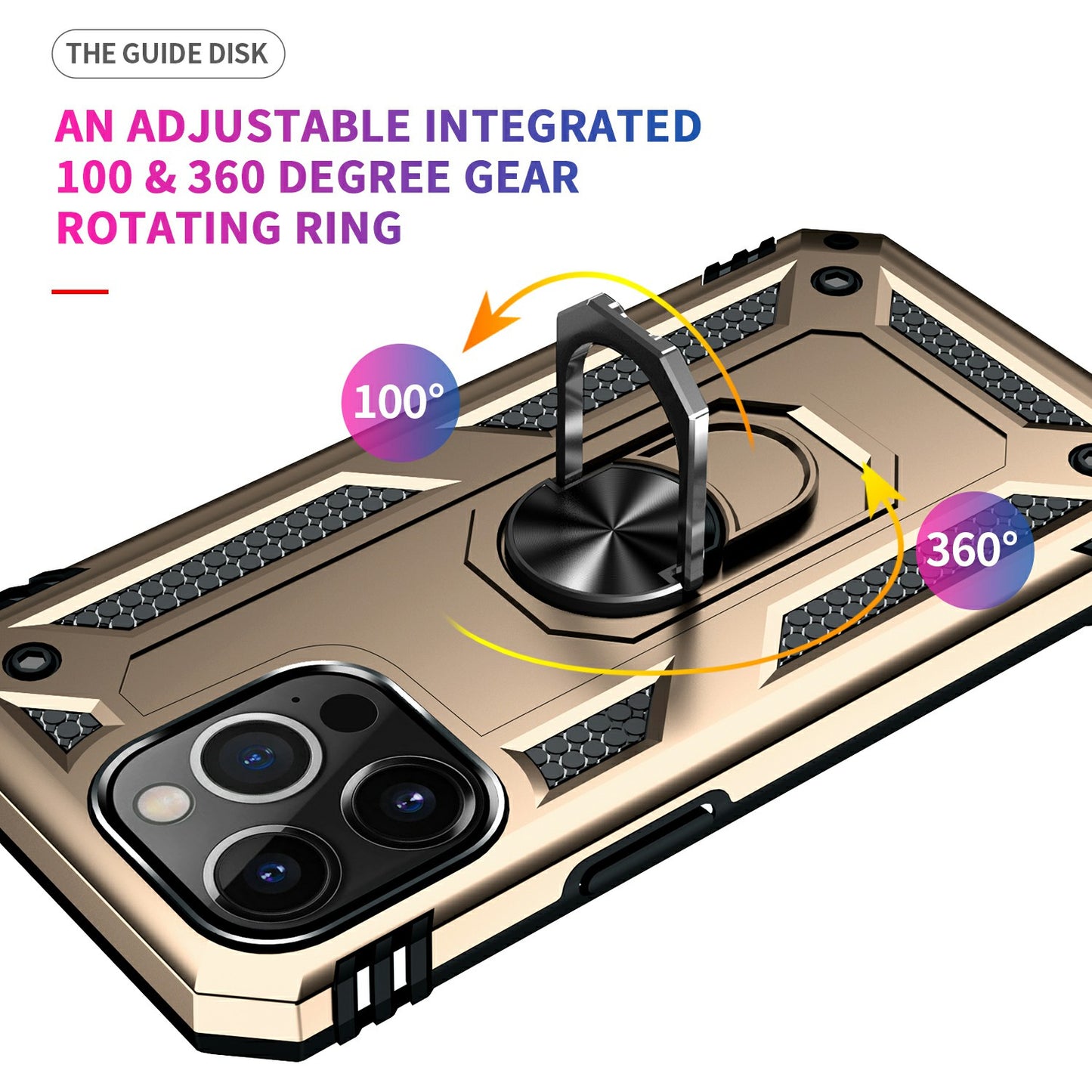 Military Grade PC TPU Shockproof Protection Case for iPhone 13 Pro Max 6.7 inch with Car Mount Rotary Ring Kickstand