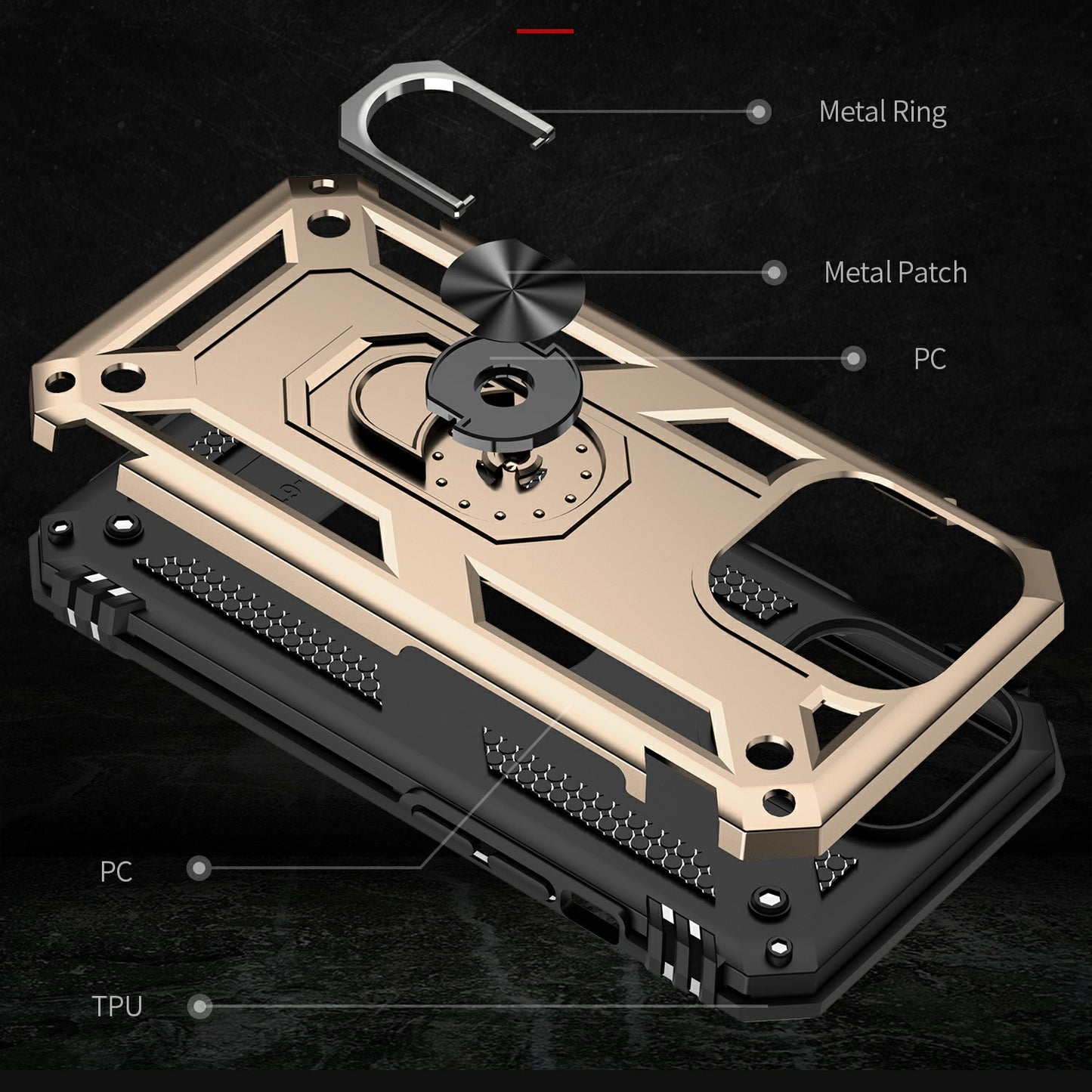 Military Grade PC TPU Shockproof Protection Case for iPhone 13 Pro Max 6.7 inch with Car Mount Rotary Ring Kickstand