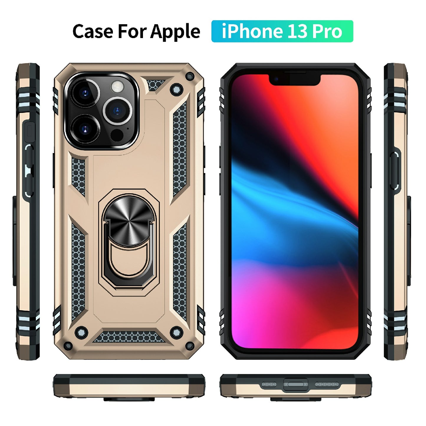 Military Grade PC TPU Shockproof Protection Case for iPhone 13 Pro Max 6.7 inch with Car Mount Rotary Ring Kickstand