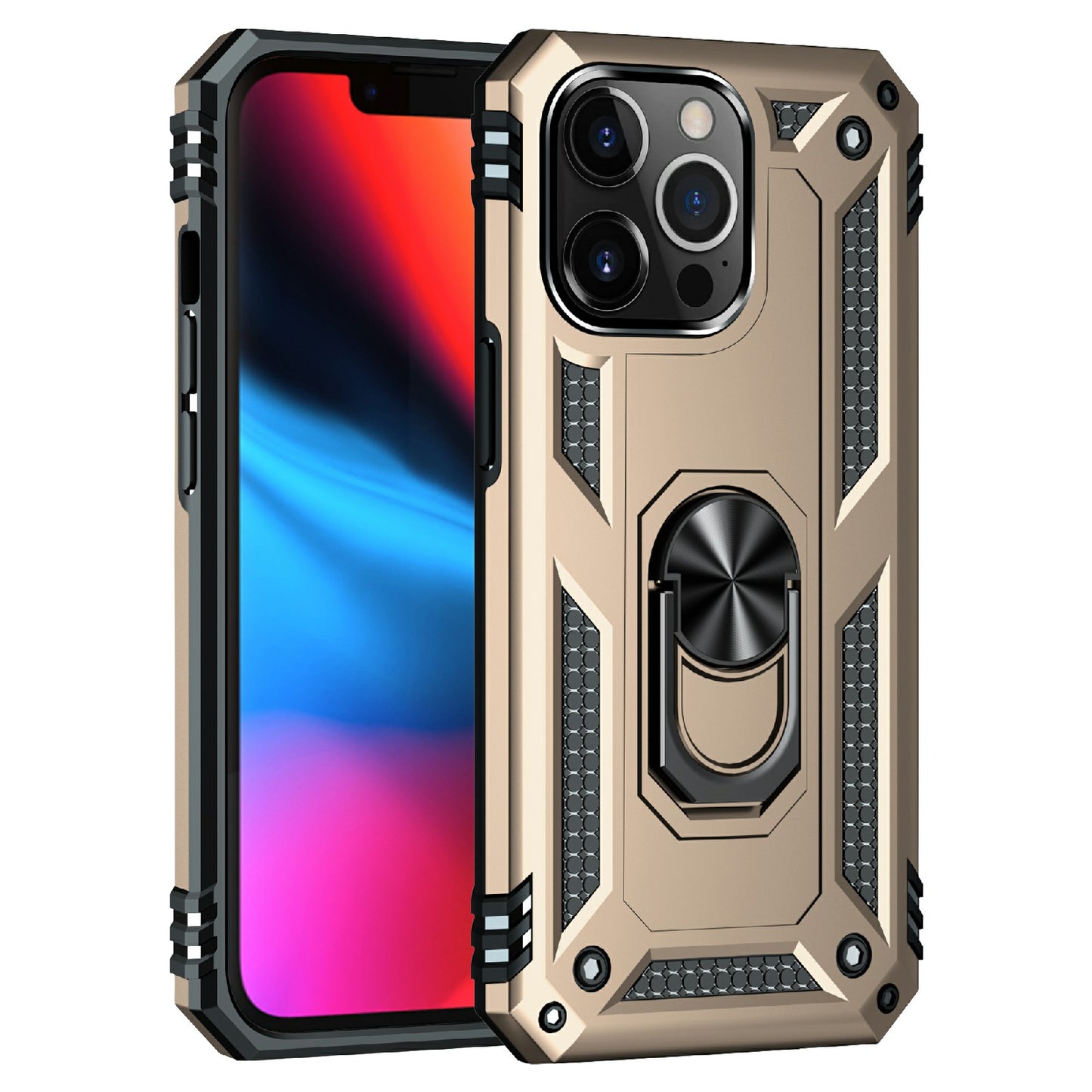 Military Grade PC TPU Shockproof Protection Case for iPhone 13 Pro Max 6.7 inch with Car Mount Rotary Ring Kickstand