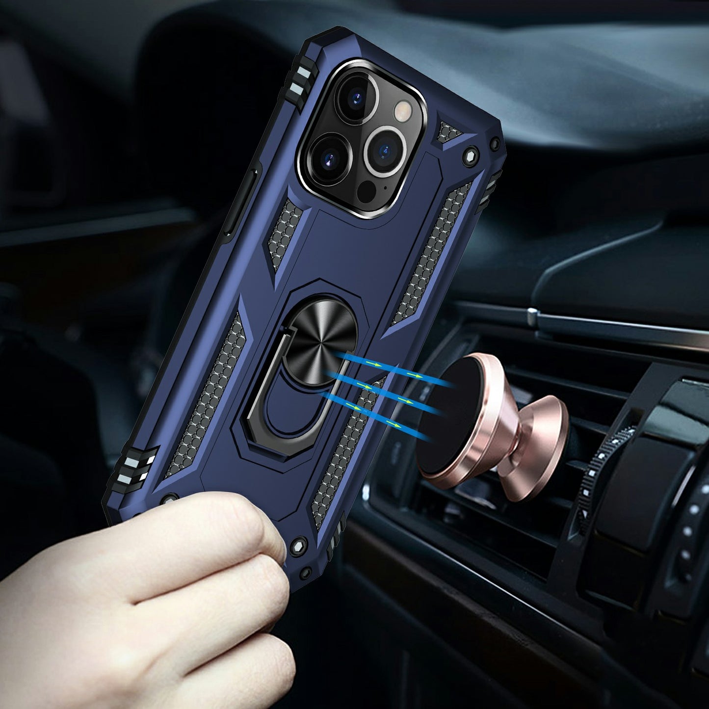 Military Grade PC TPU Shockproof Protection Case for iPhone 13 Pro Max 6.7 inch with Car Mount Rotary Ring Kickstand