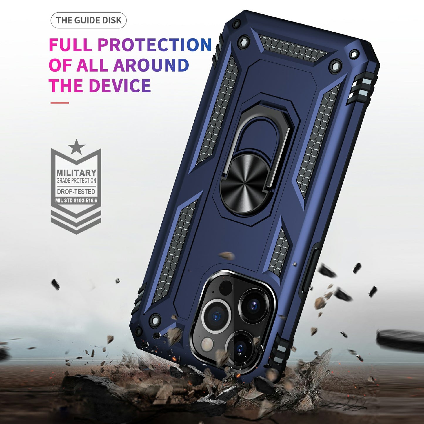 Military Grade PC TPU Shockproof Protection Case for iPhone 13 Pro Max 6.7 inch with Car Mount Rotary Ring Kickstand
