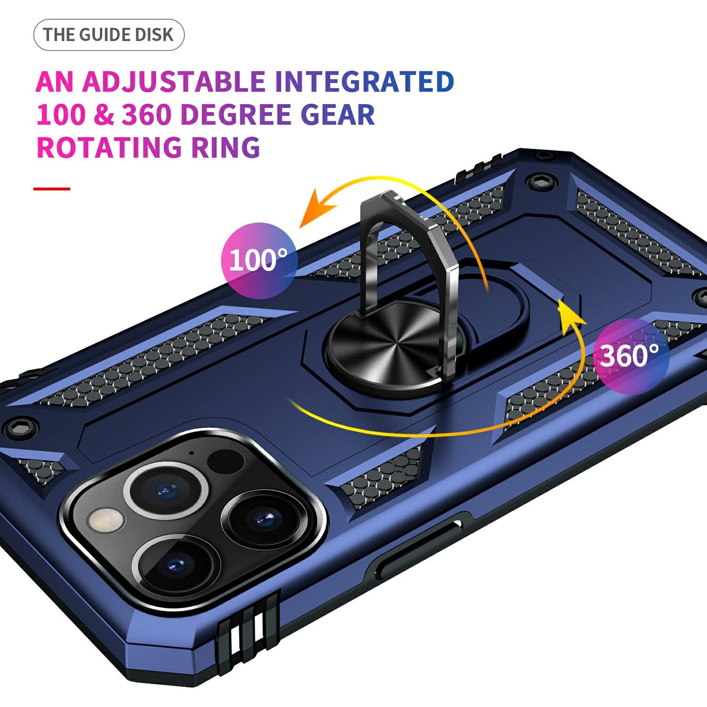 Military Grade PC TPU Shockproof Protection Case for iPhone 13 Pro Max 6.7 inch with Car Mount Rotary Ring Kickstand