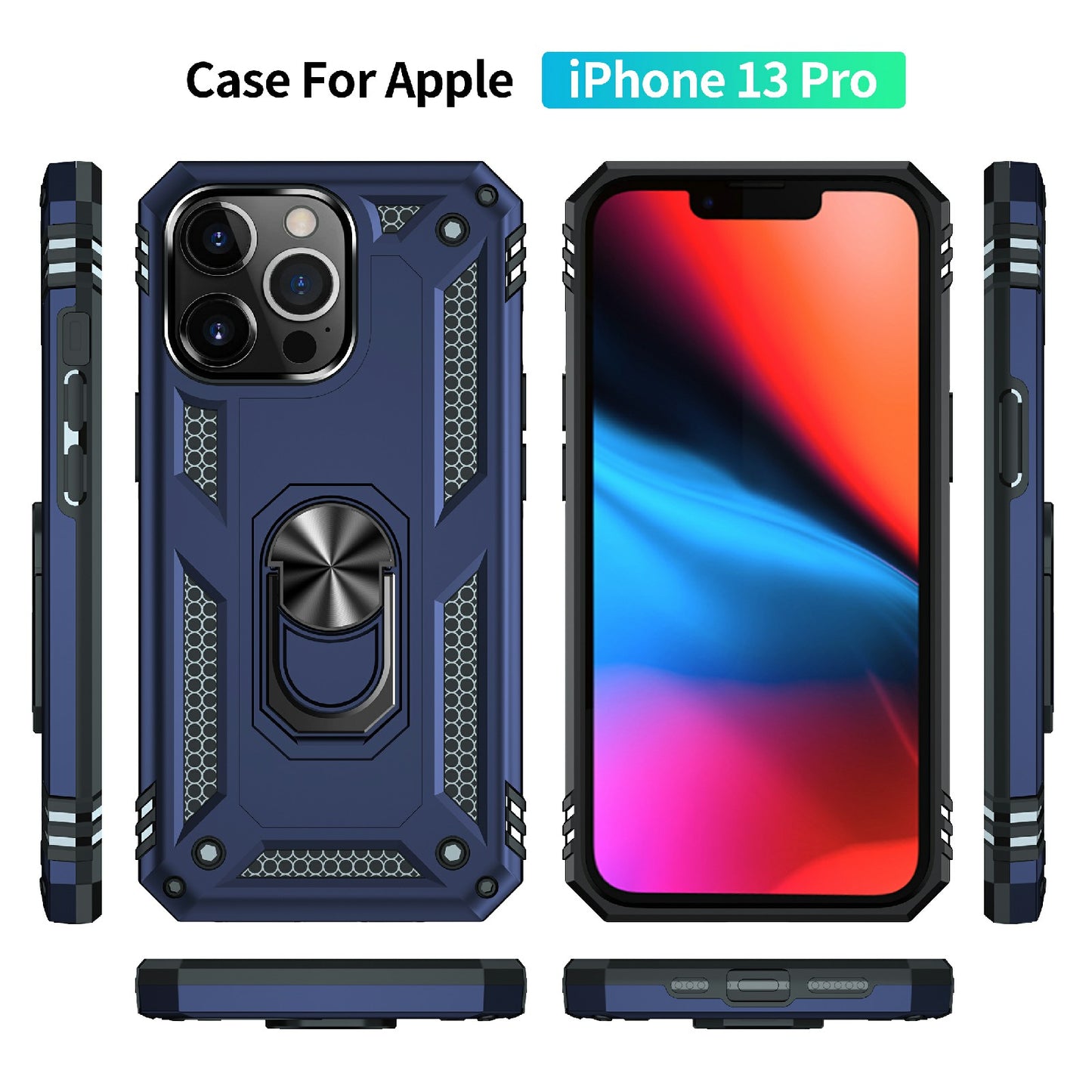 Military Grade PC TPU Shockproof Protection Case for iPhone 13 Pro Max 6.7 inch with Car Mount Rotary Ring Kickstand
