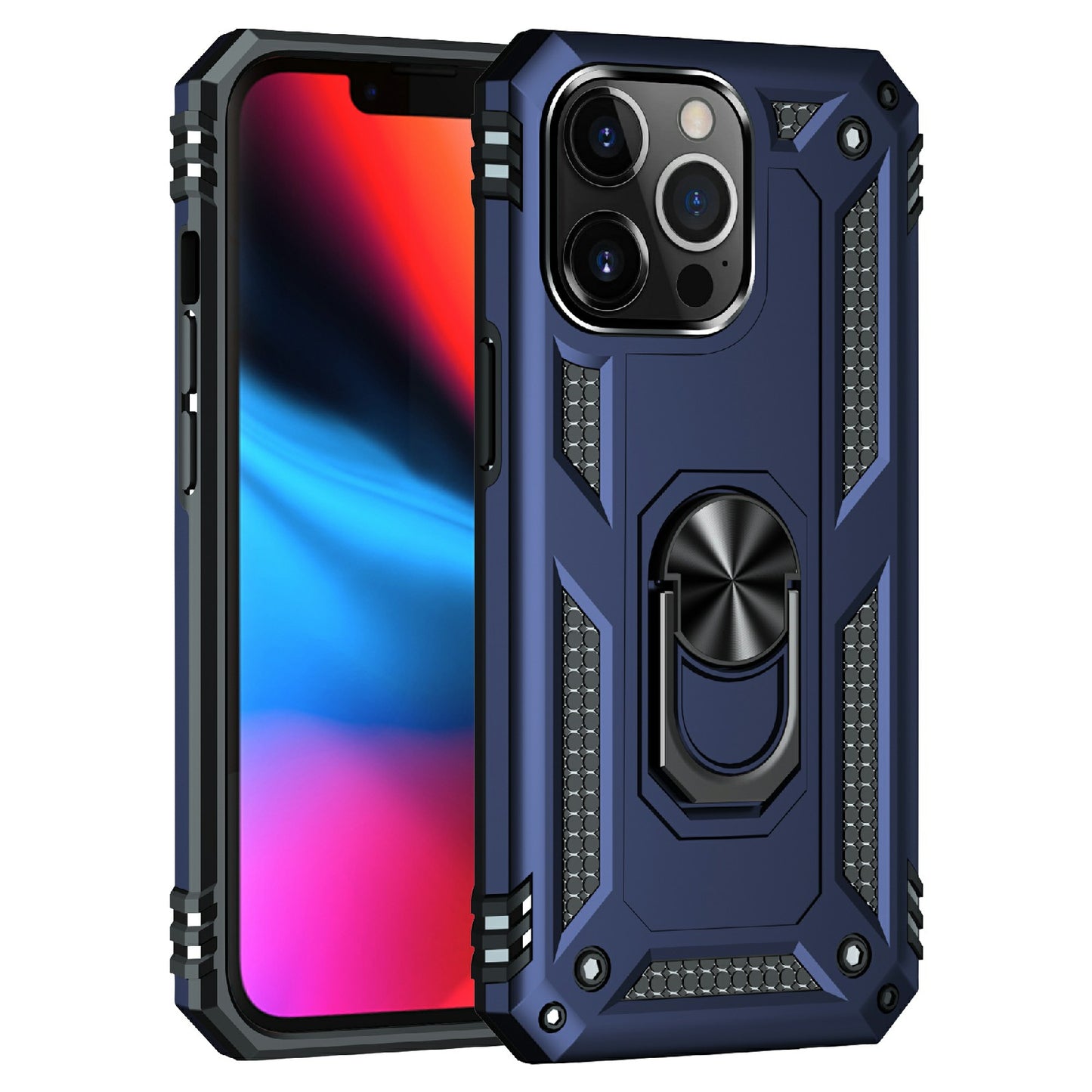 Military Grade PC TPU Shockproof Protection Case for iPhone 13 Pro Max 6.7 inch with Car Mount Rotary Ring Kickstand