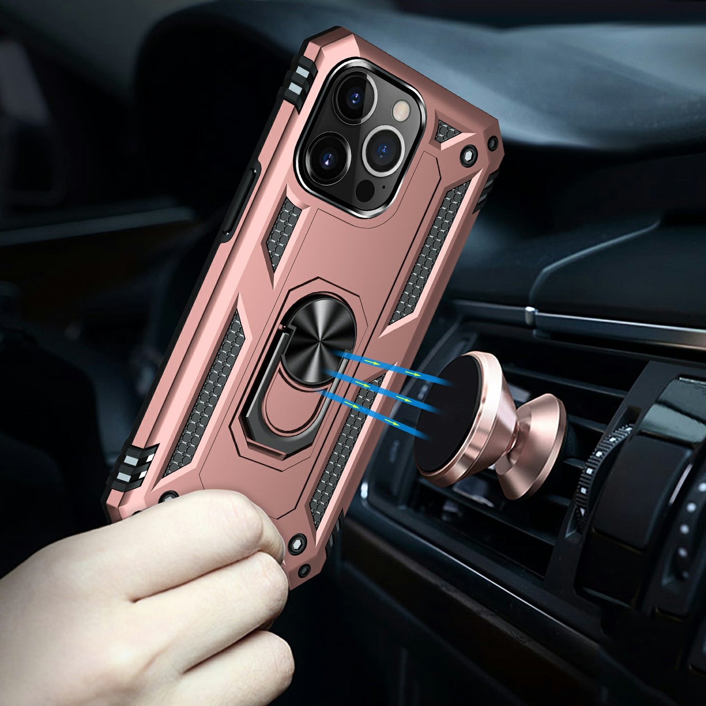 Military Grade PC TPU Shockproof Protection Case for iPhone 13 Pro Max 6.7 inch with Car Mount Rotary Ring Kickstand