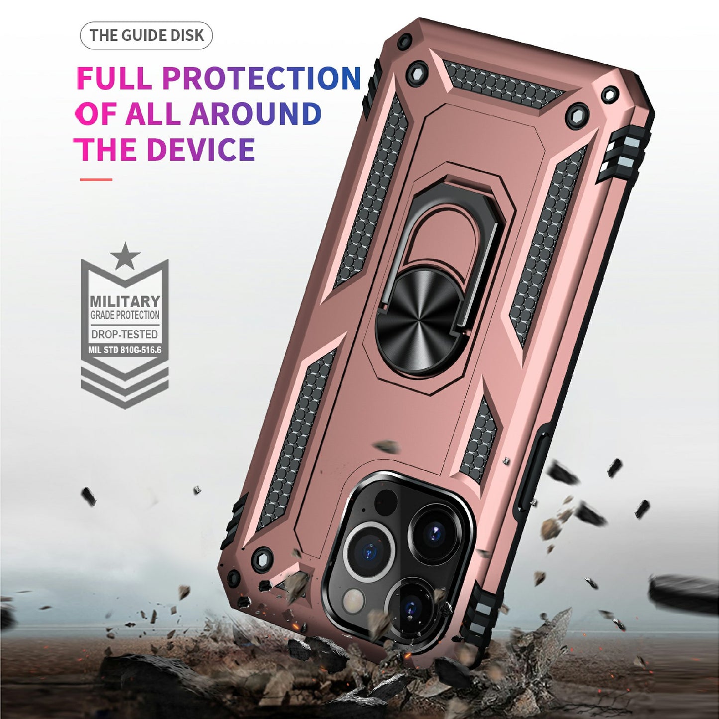 Military Grade PC TPU Shockproof Protection Case for iPhone 13 Pro Max 6.7 inch with Car Mount Rotary Ring Kickstand