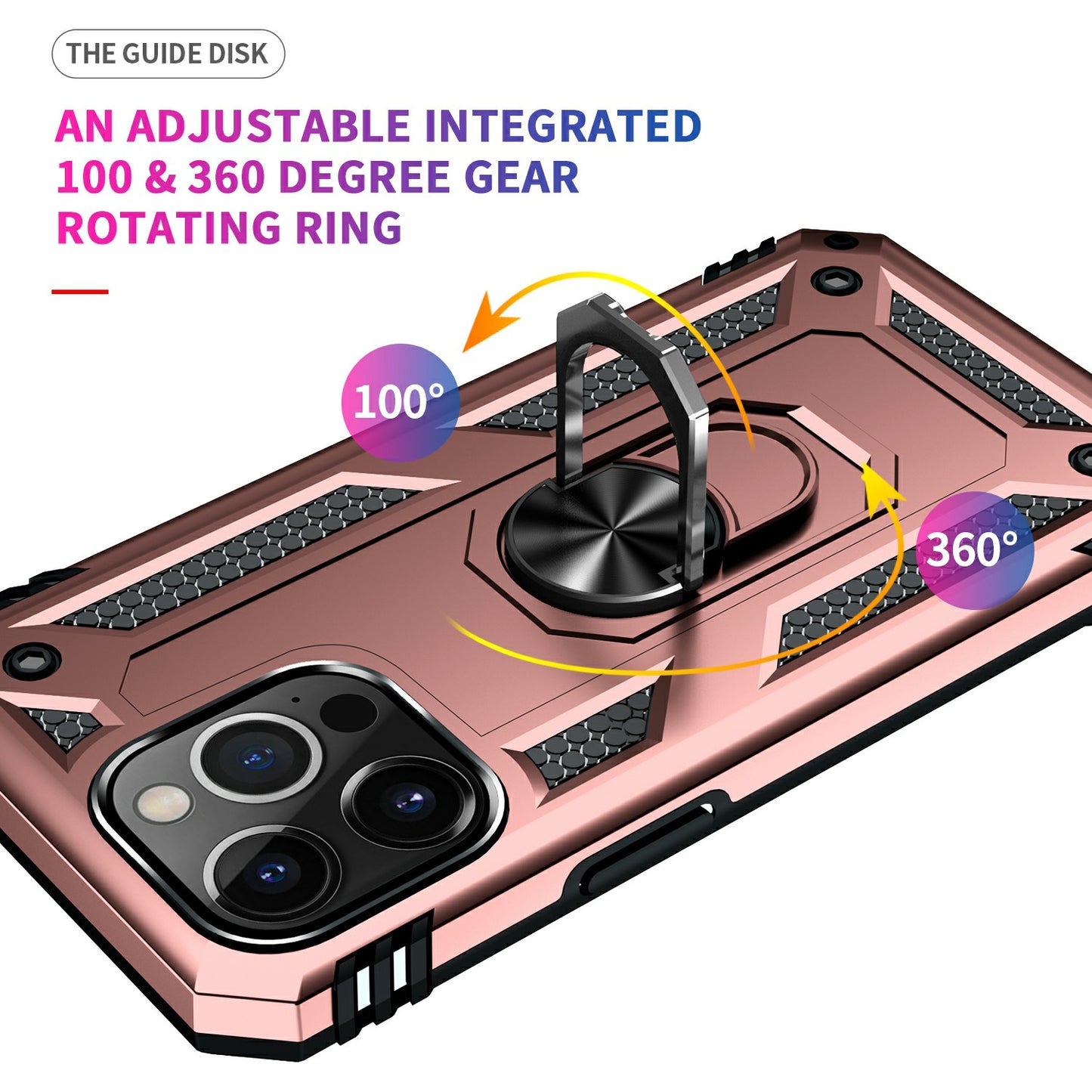 Military Grade PC TPU Shockproof Protection Case for iPhone 13 Pro Max 6.7 inch with Car Mount Rotary Ring Kickstand