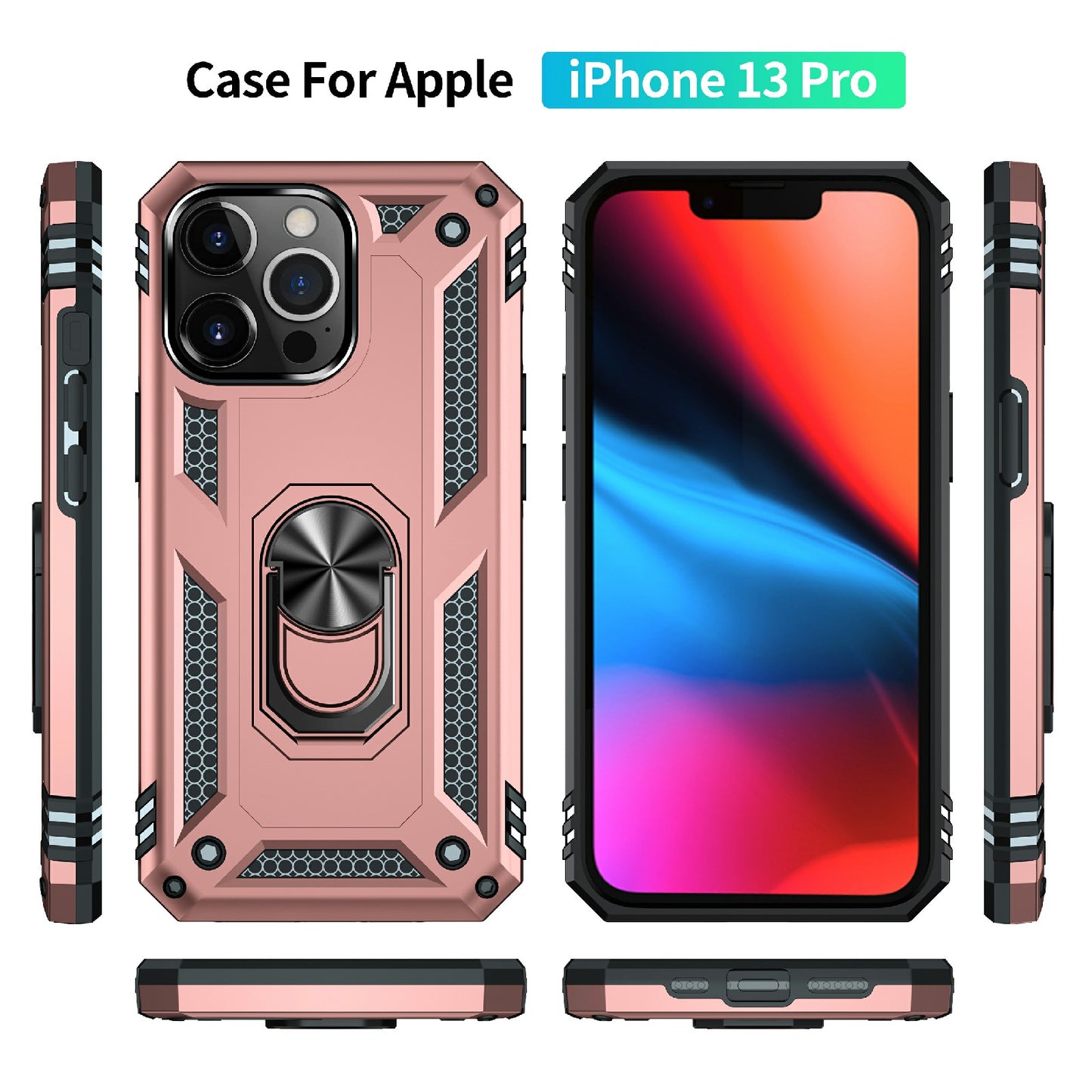 Military Grade PC TPU Shockproof Protection Case for iPhone 13 Pro Max 6.7 inch with Car Mount Rotary Ring Kickstand