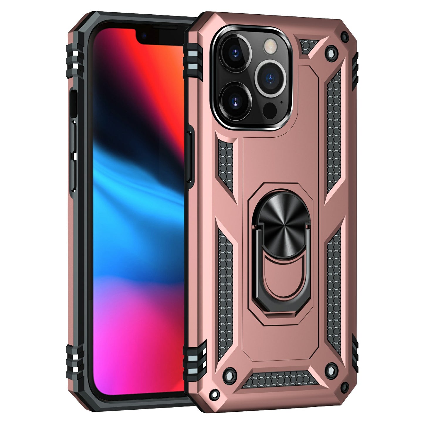 Military Grade PC TPU Shockproof Protection Case for iPhone 13 Pro Max 6.7 inch with Car Mount Rotary Ring Kickstand