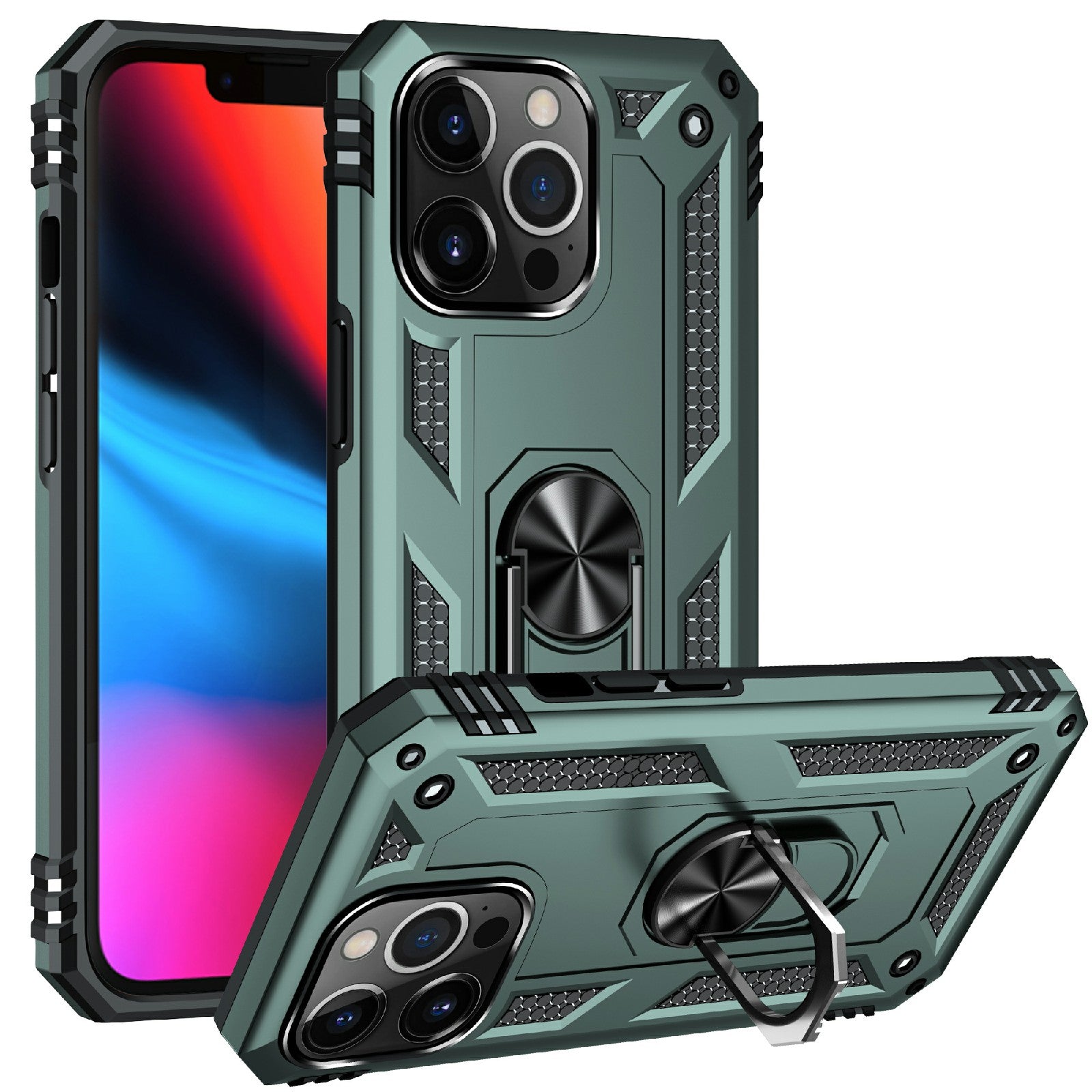 Military Grade PC TPU Shockproof Protection Case for iPhone 13 Pro Max 6.7 inch with Car Mount Rotary Ring Kickstand