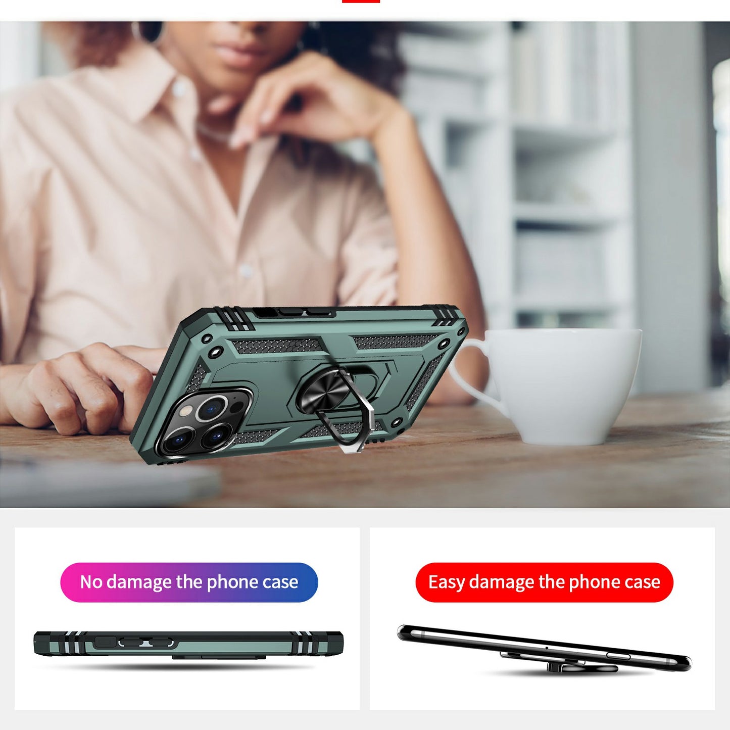 Military Grade PC TPU Shockproof Protection Case for iPhone 13 Pro Max 6.7 inch with Car Mount Rotary Ring Kickstand