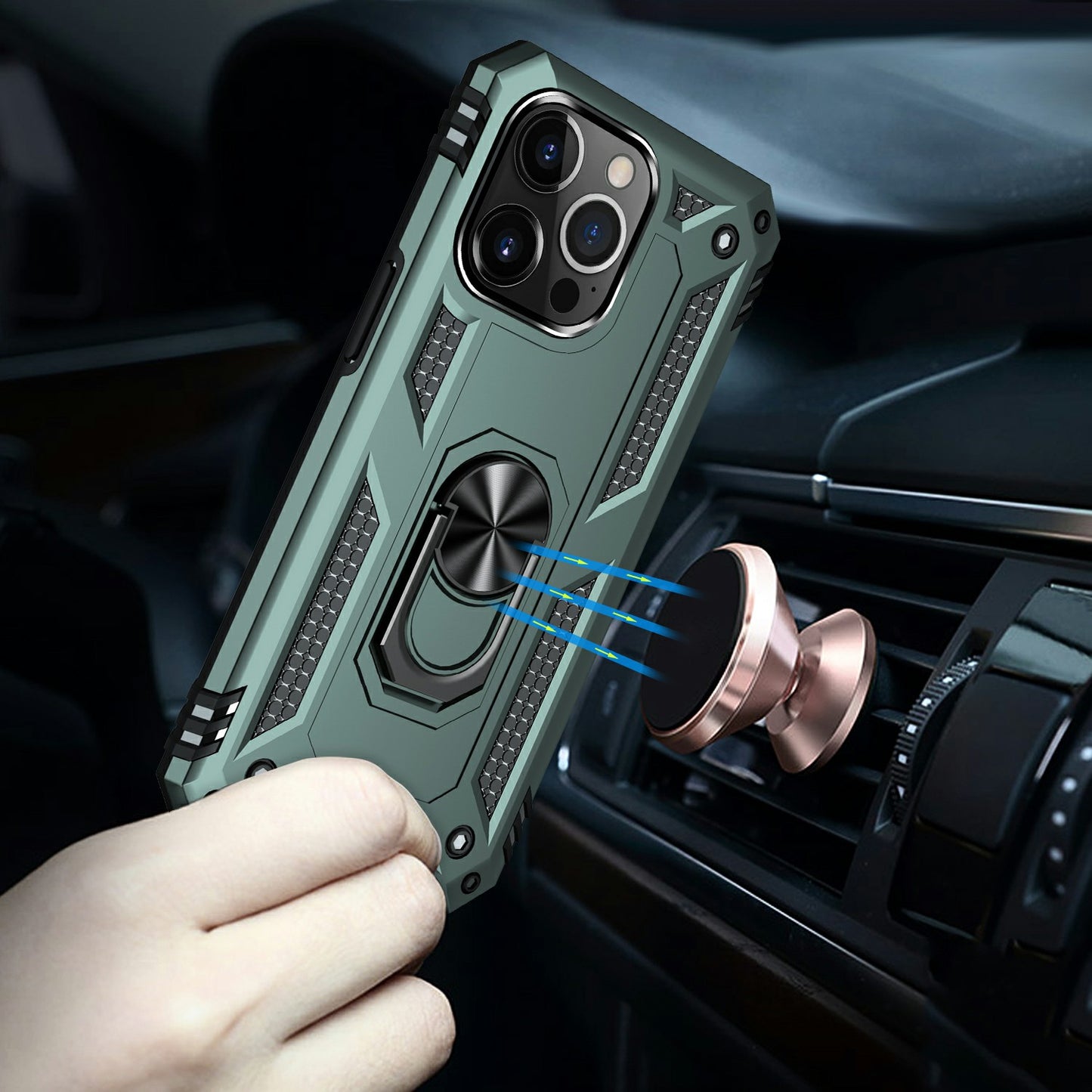 Military Grade PC TPU Shockproof Protection Case for iPhone 13 Pro Max 6.7 inch with Car Mount Rotary Ring Kickstand