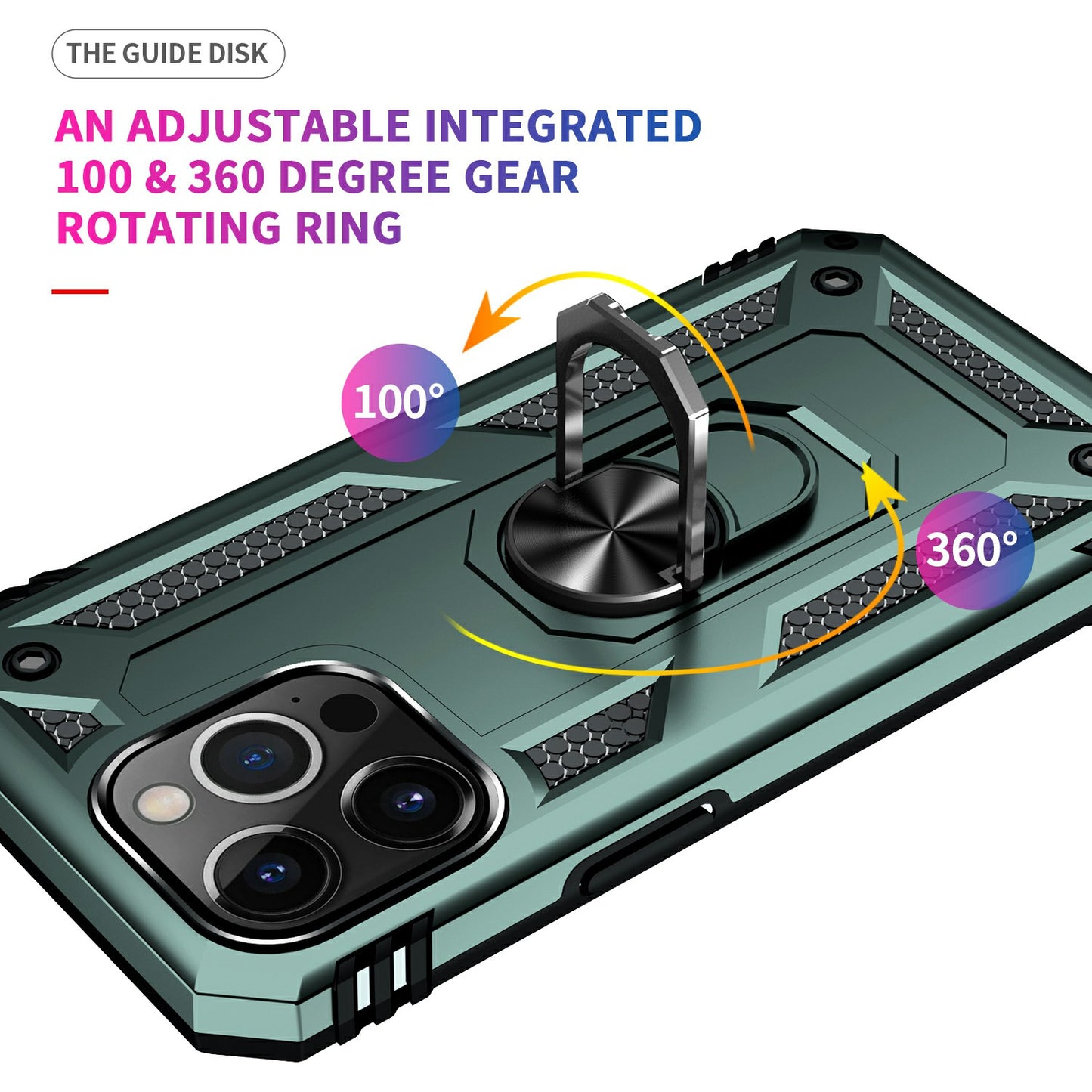 Military Grade PC TPU Shockproof Protection Case for iPhone 13 Pro Max 6.7 inch with Car Mount Rotary Ring Kickstand