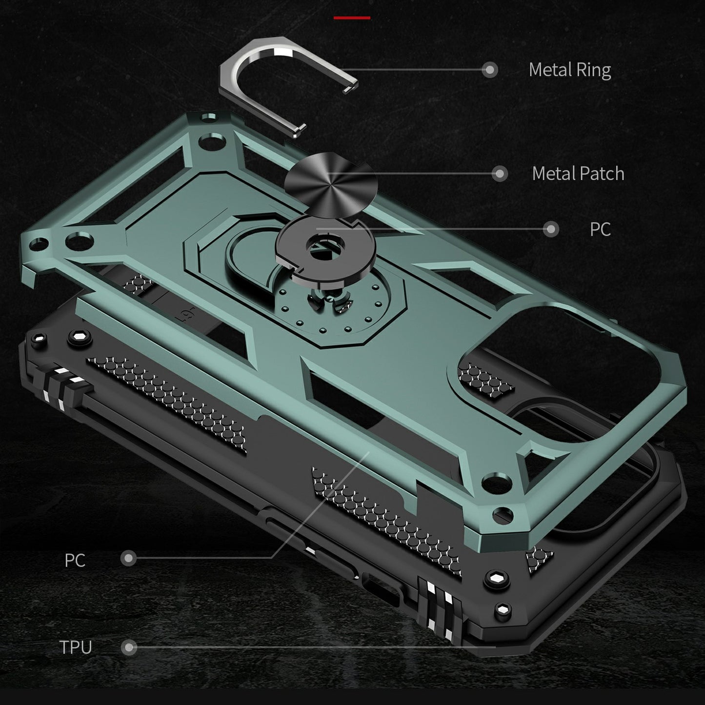 Military Grade PC TPU Shockproof Protection Case for iPhone 13 Pro Max 6.7 inch with Car Mount Rotary Ring Kickstand