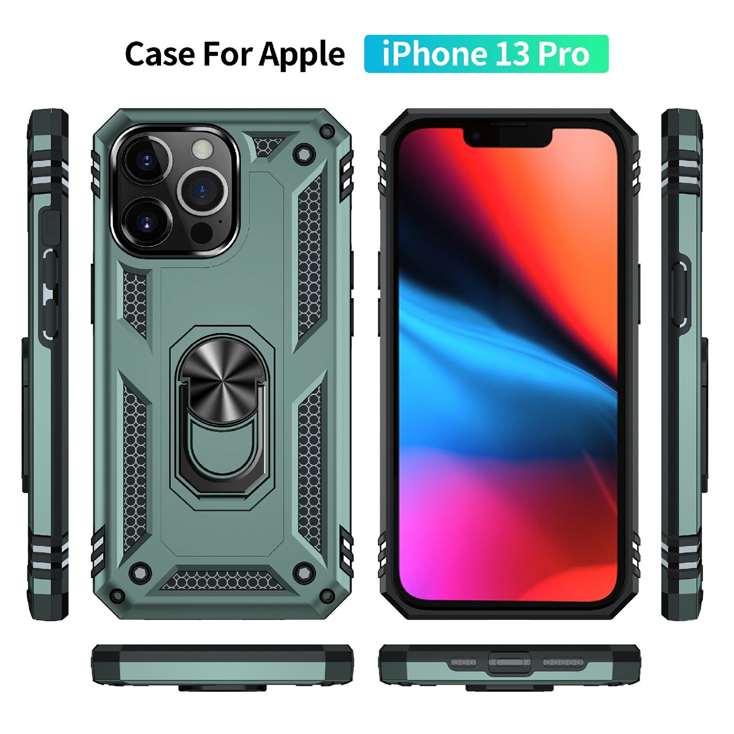 Military Grade PC TPU Shockproof Protection Case for iPhone 13 Pro Max 6.7 inch with Car Mount Rotary Ring Kickstand