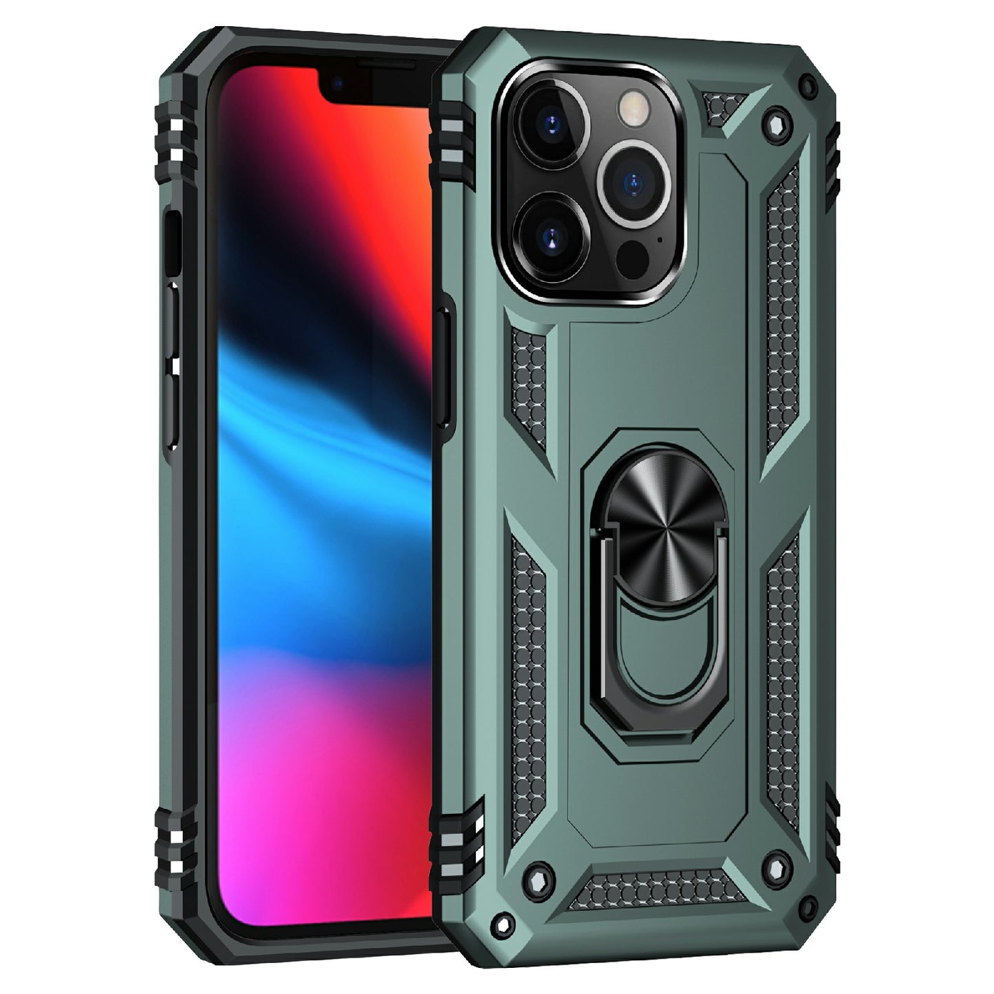 Military Grade PC TPU Shockproof Protection Case for iPhone 13 Pro Max 6.7 inch with Car Mount Rotary Ring Kickstand