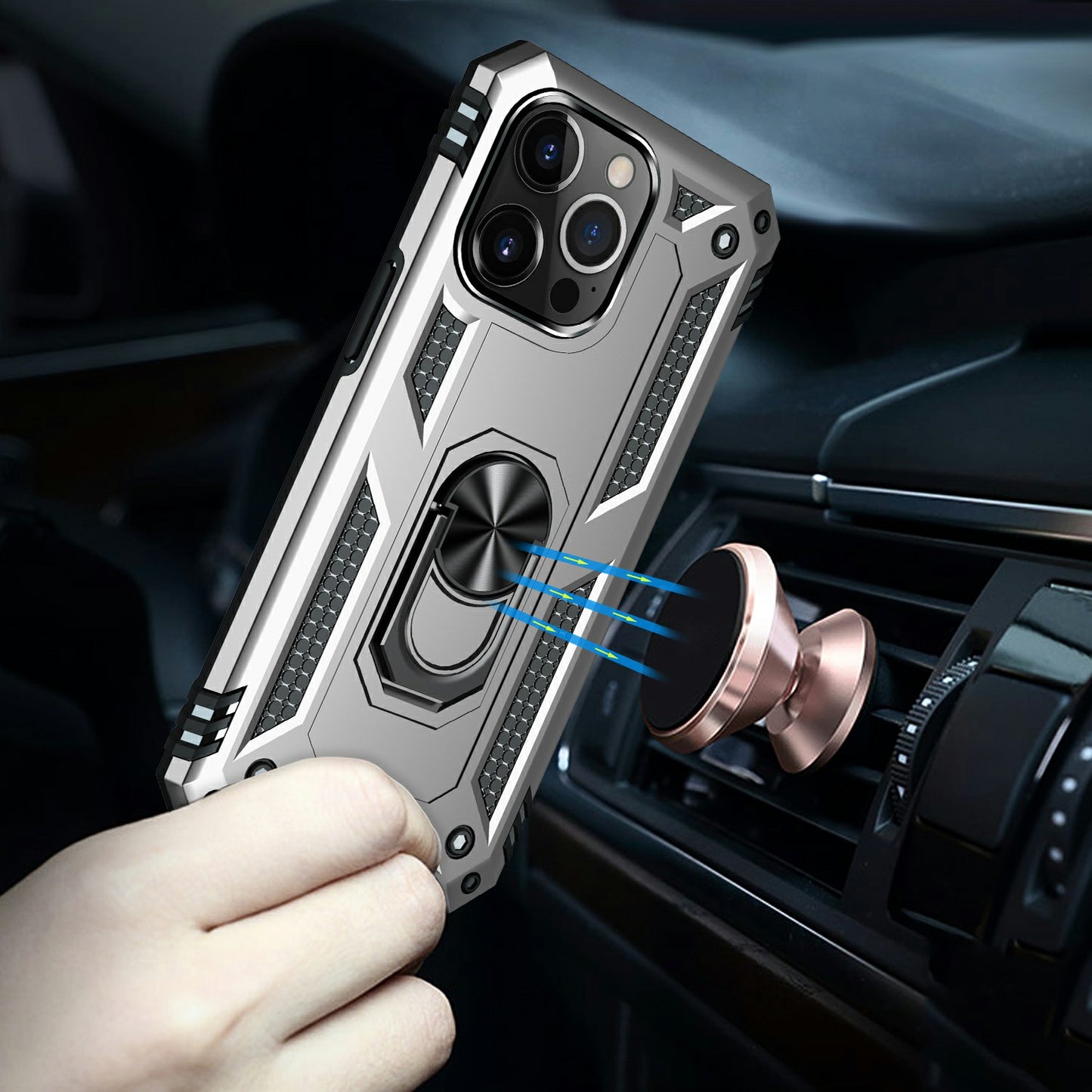Military Grade PC TPU Shockproof Protection Case for iPhone 13 Pro Max 6.7 inch with Car Mount Rotary Ring Kickstand