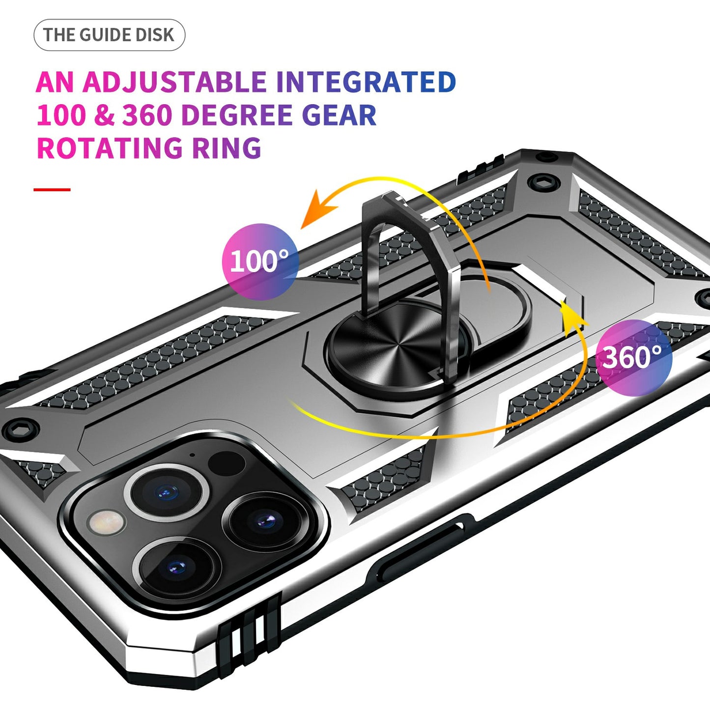 Military Grade PC TPU Shockproof Protection Case for iPhone 13 Pro Max 6.7 inch with Car Mount Rotary Ring Kickstand