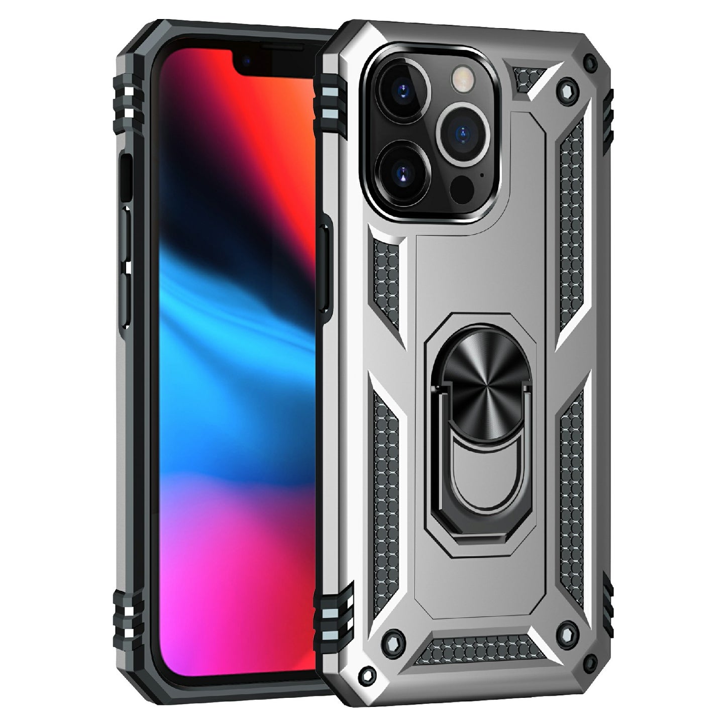 Military Grade PC TPU Shockproof Protection Case for iPhone 13 Pro Max 6.7 inch with Car Mount Rotary Ring Kickstand