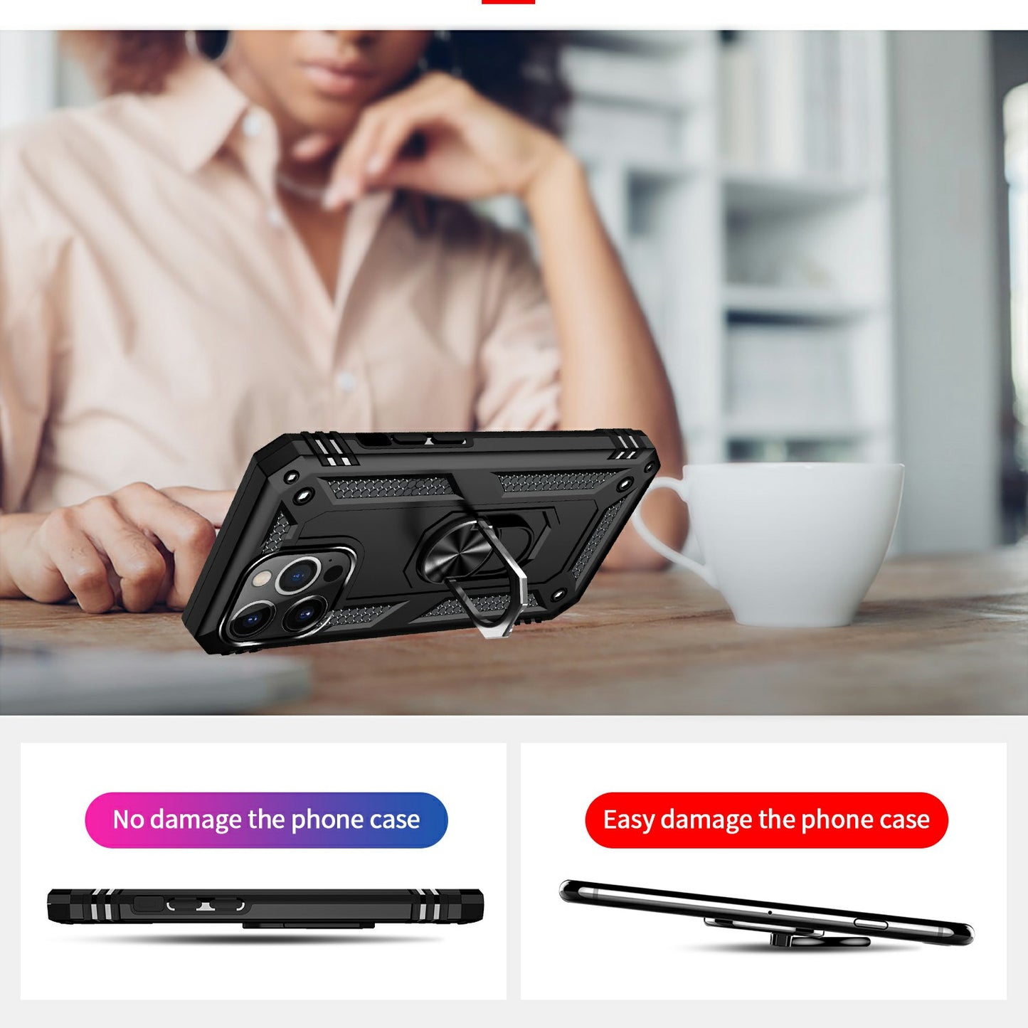 Military Grade PC TPU Shockproof Hybrid Cover for iPhone 13 Pro 6.1 inch with Rotary Ring Car Mount Kickstand