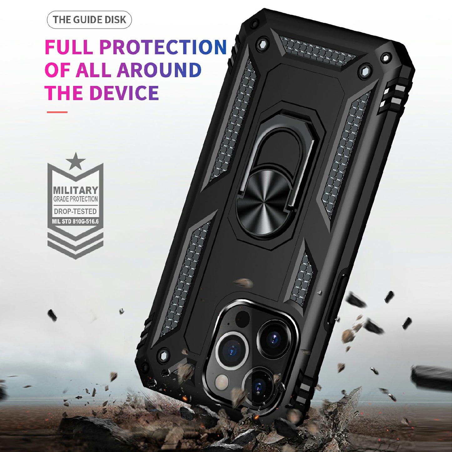 Military Grade PC TPU Shockproof Hybrid Cover for iPhone 13 Pro 6.1 inch with Rotary Ring Car Mount Kickstand