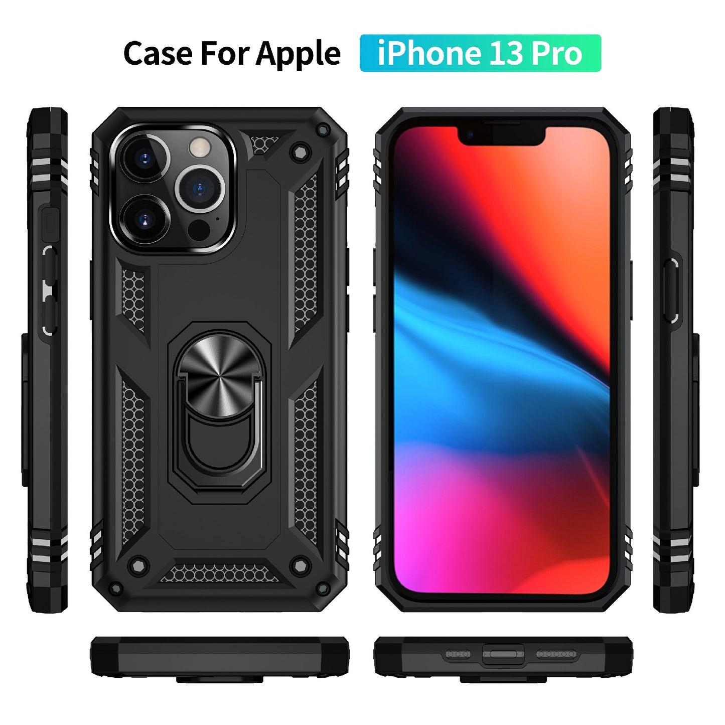 Military Grade PC TPU Shockproof Hybrid Cover for iPhone 13 Pro 6.1 inch with Rotary Ring Car Mount Kickstand