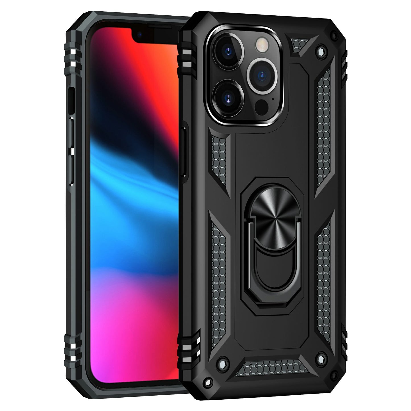 Military Grade PC TPU Shockproof Hybrid Cover for iPhone 13 Pro 6.1 inch with Rotary Ring Car Mount Kickstand